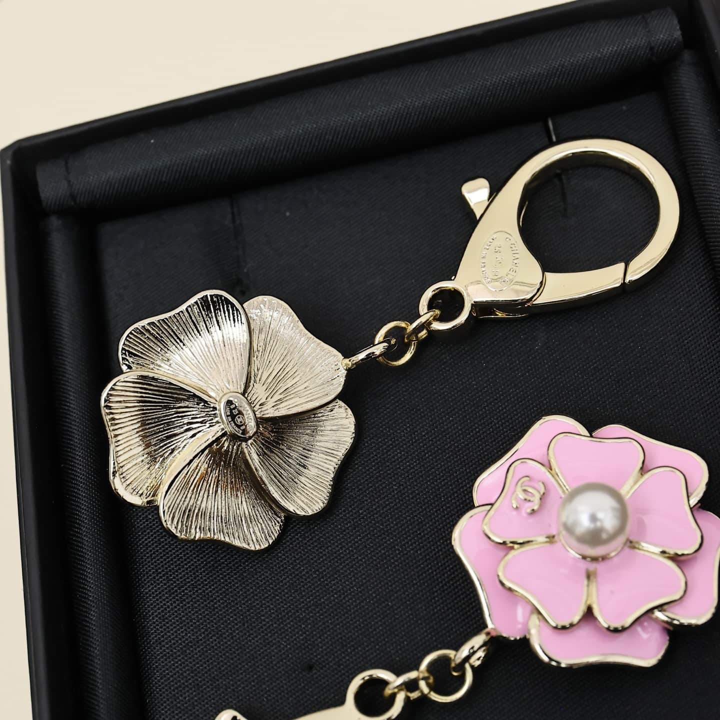 Chanel Enamel Camellia Pearl Keychain