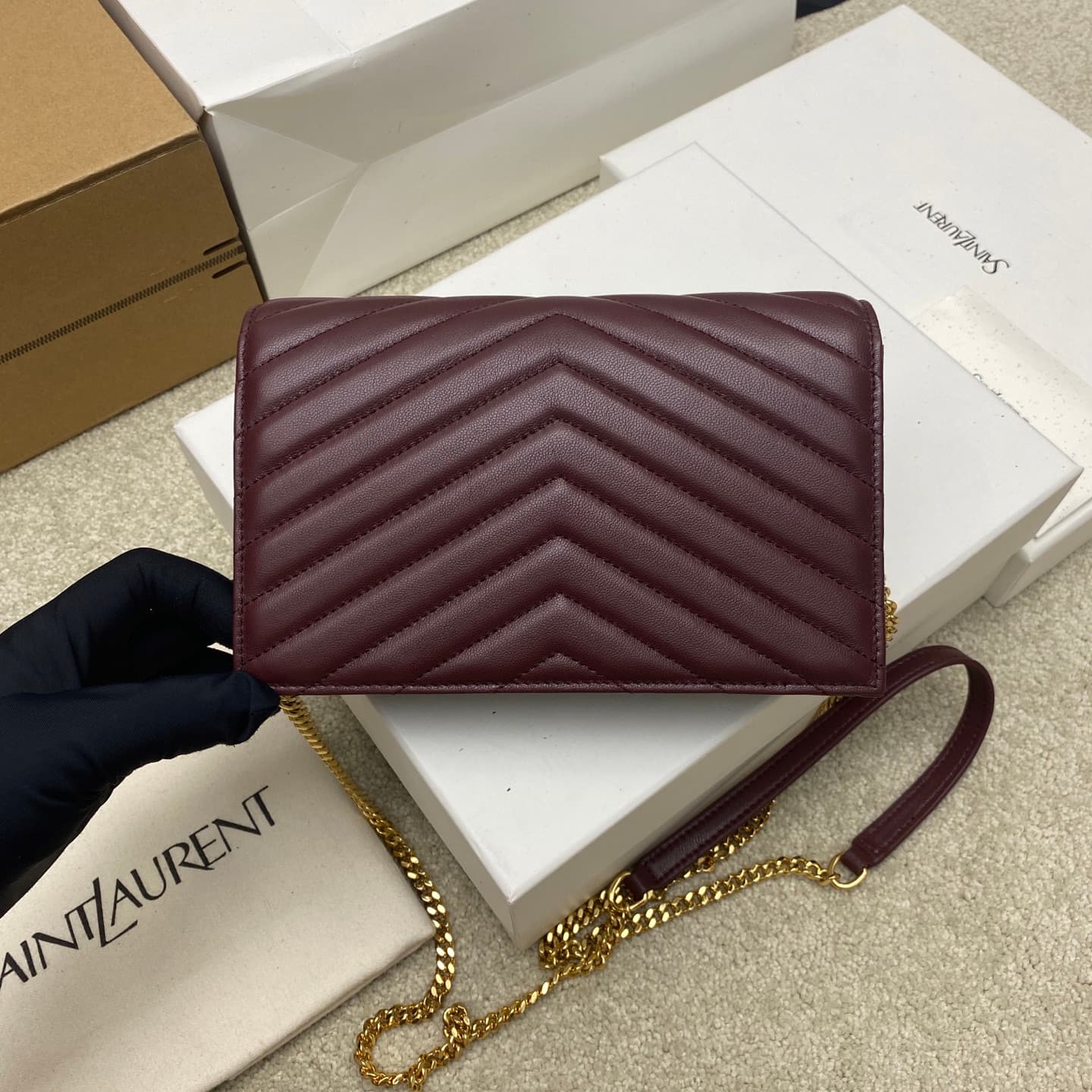 Saint Laurent Monogram Matelassé Cassandre Wallet on Chain Burgundy Lambskin 393953 High