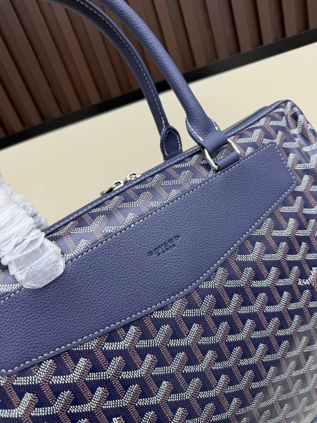 Goyard Cisalpin Document Case Navy Blue Chevron Print Coated Canvas Mid