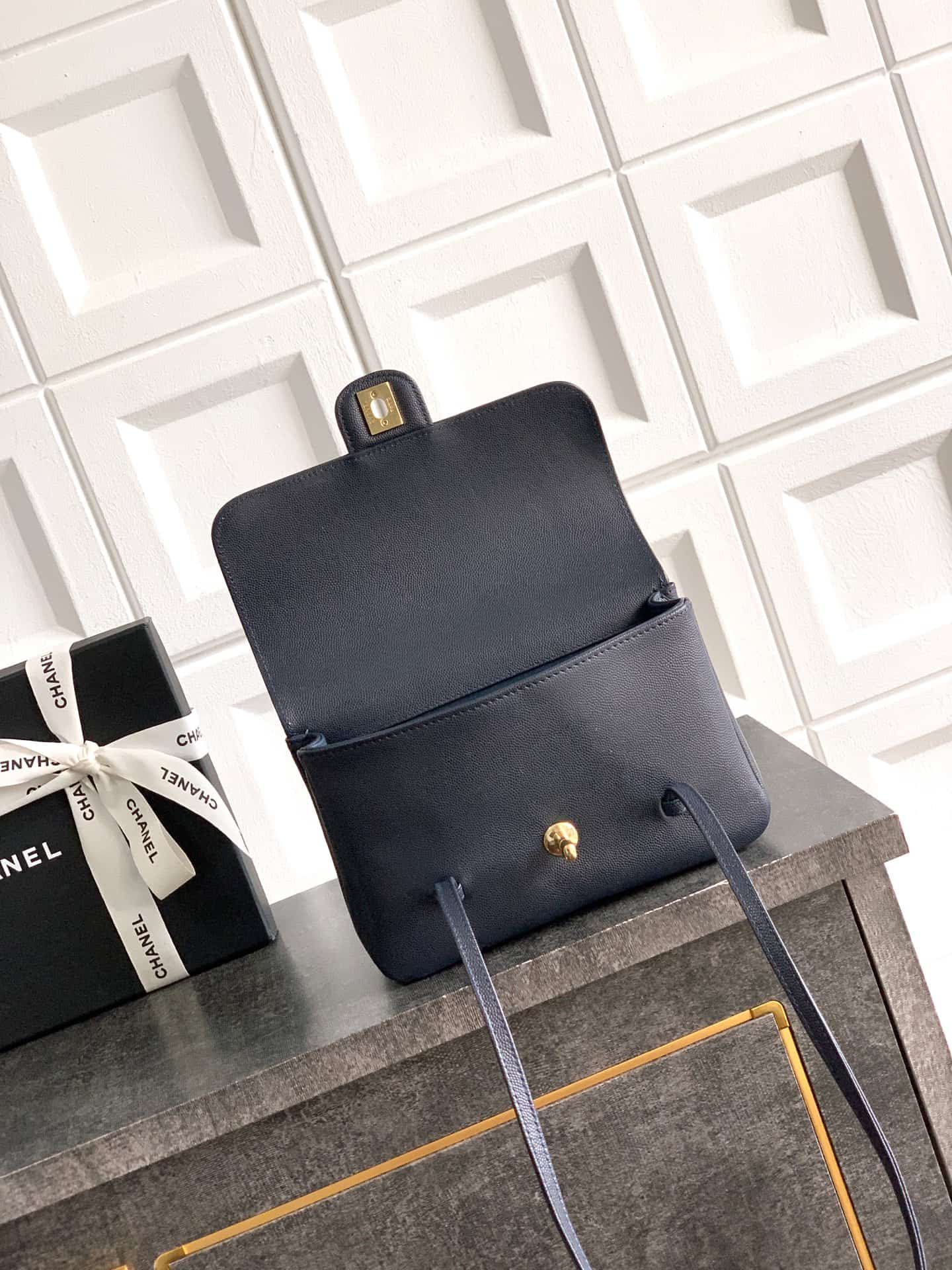 Chanel Clutch with Leather Strap Grained Shiny Calfskin & Gold-Tone Metal Navy Blue  5809 High