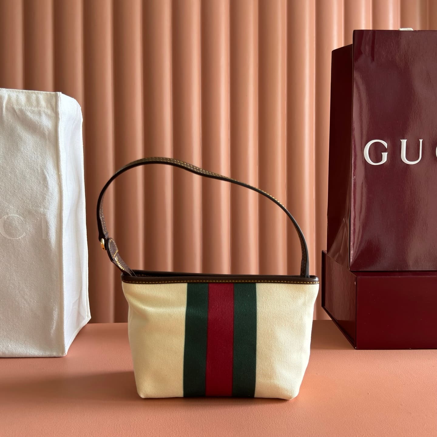 Gucci Small pouch with strap and Web natural canvas A000MM High