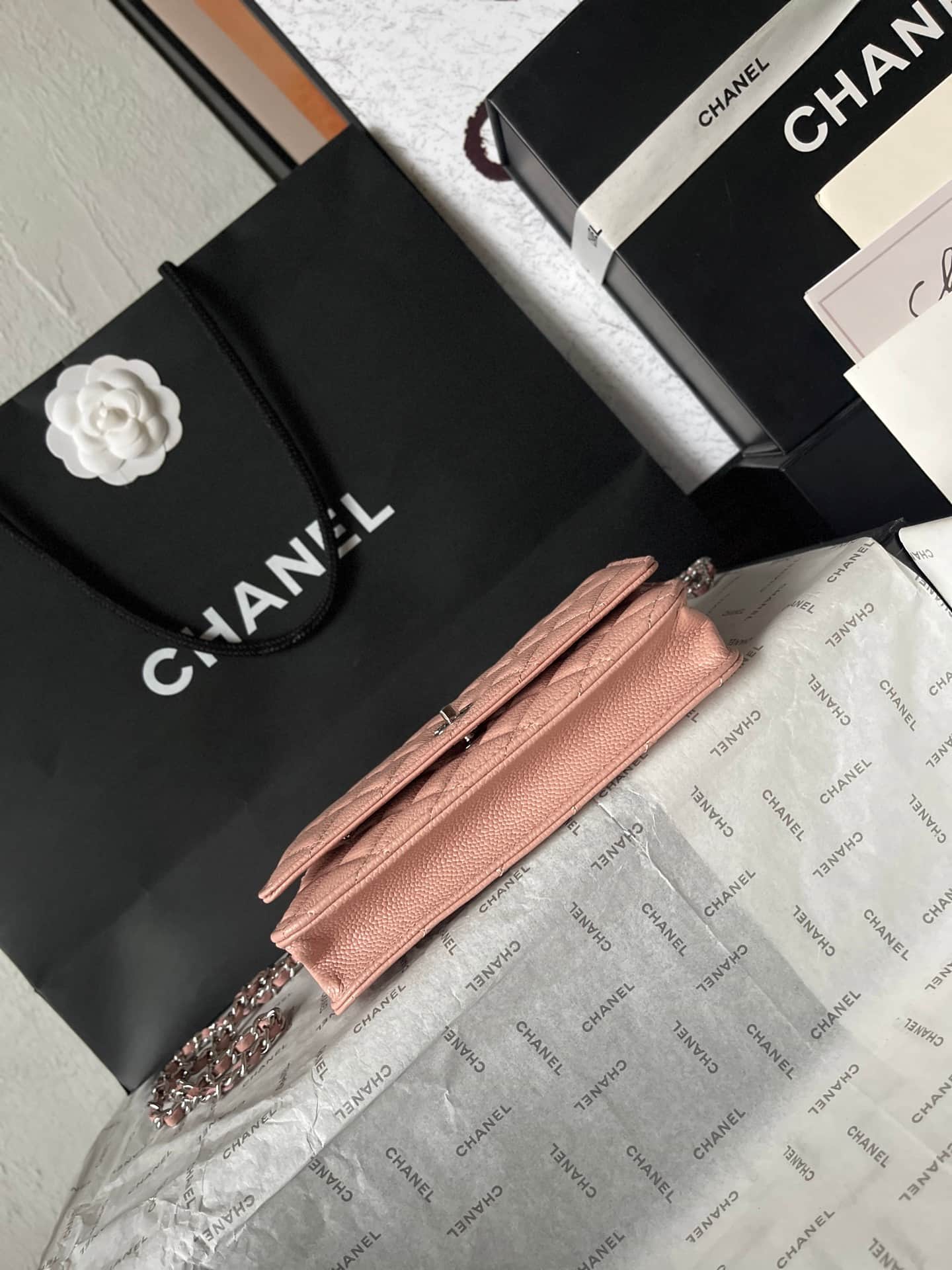 Chanel Classic Wallet on Chain Grained Shiny Calfskin & Silver-Tone Metal AP4241 Light Pink A