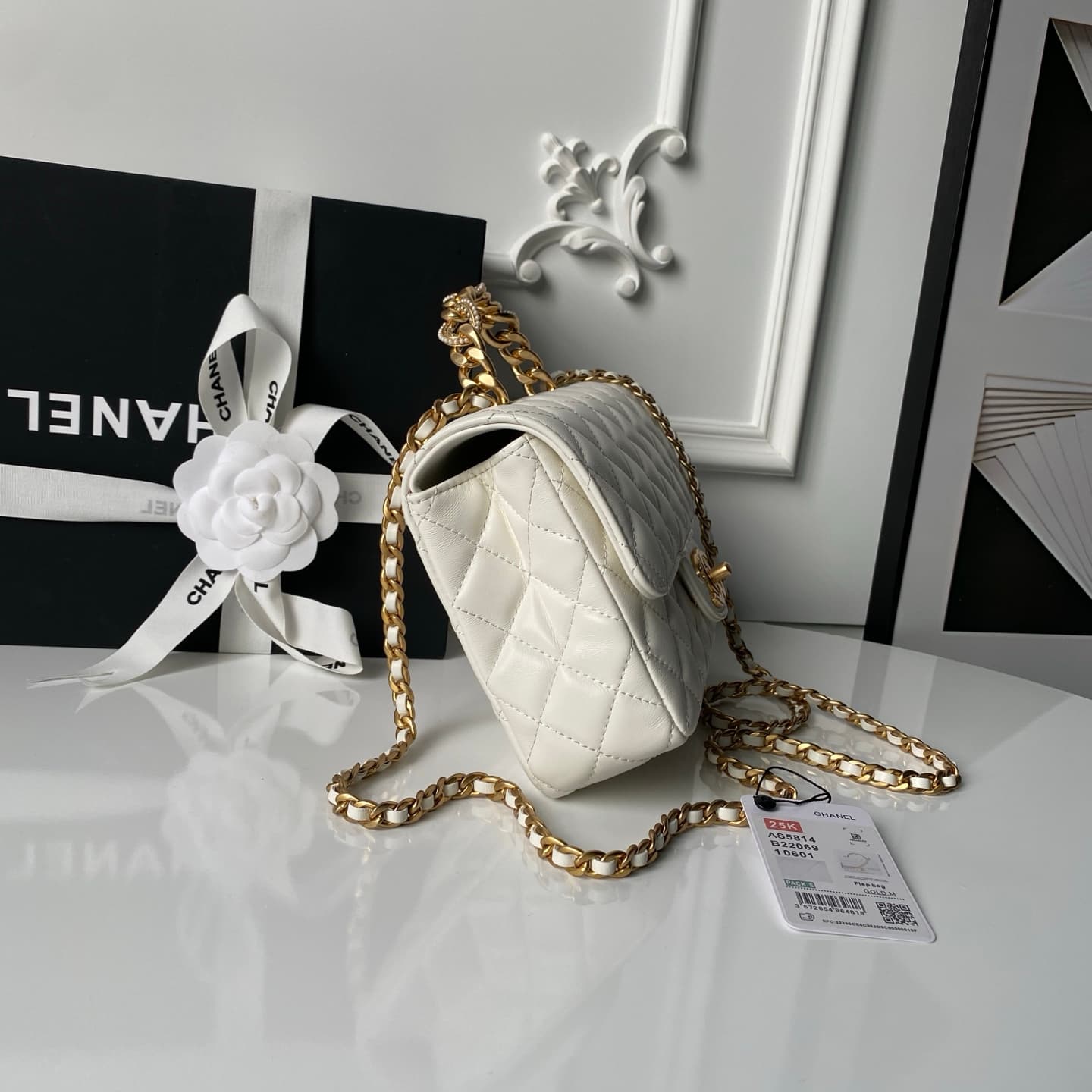 Chanel Small Flap Bag with Top Handle Lambskin& Gold-tone Metal White AS5814 A