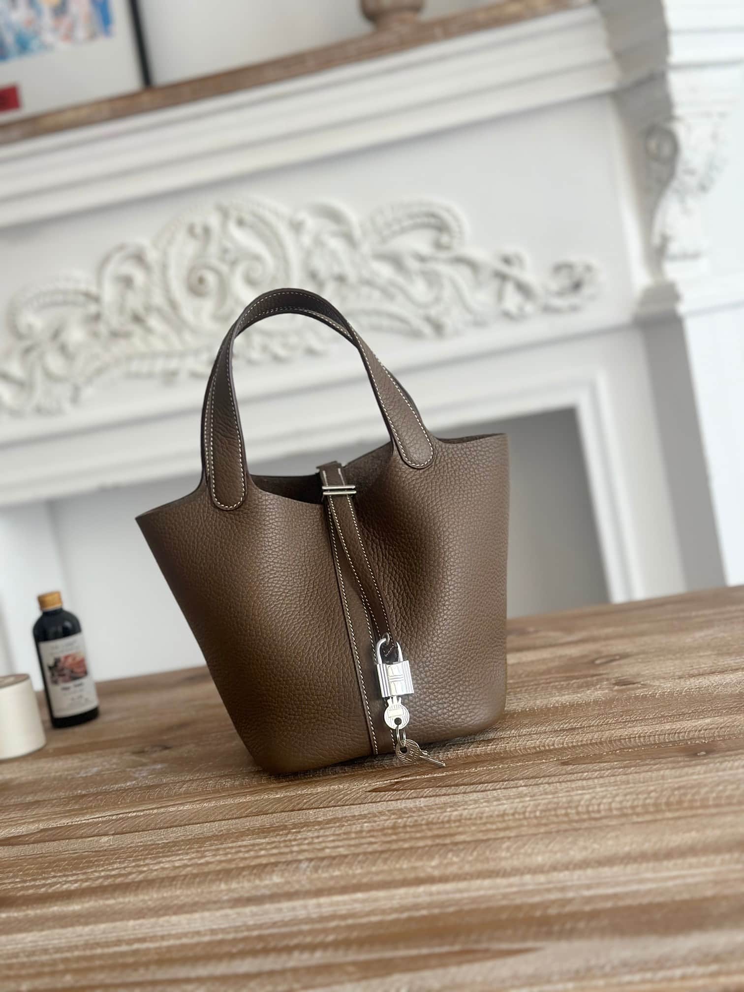 Hermès Picotin Lock 18 Bucket Bag TC Leather Silver Metal Etoupe Wax High