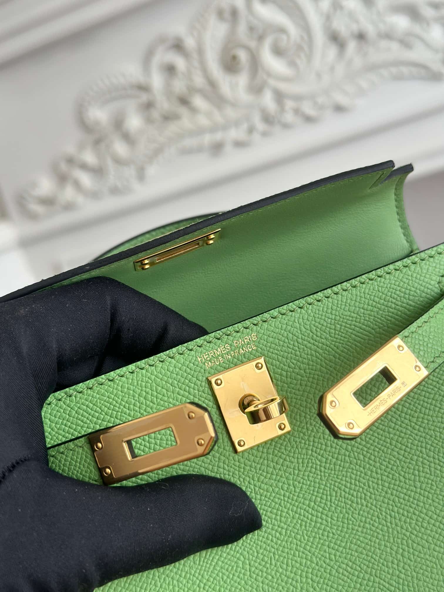 Hermes Kelly Mini II Bag Epsom Leather WAX Silver/Gold Metal Vert Criquet High