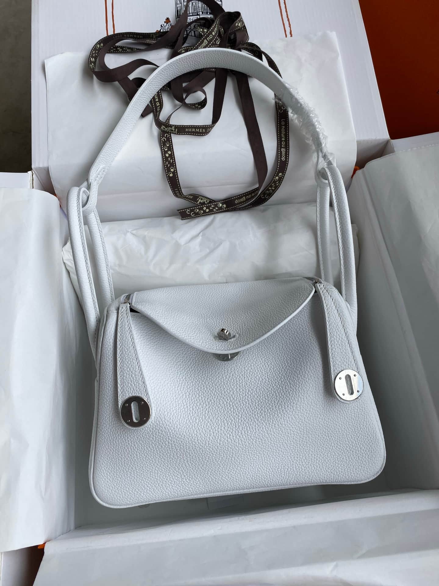 Hermes Lindy 19/26cm Bag Clemence Leather In Blanc Silver-Metal WAX High Customizing Style