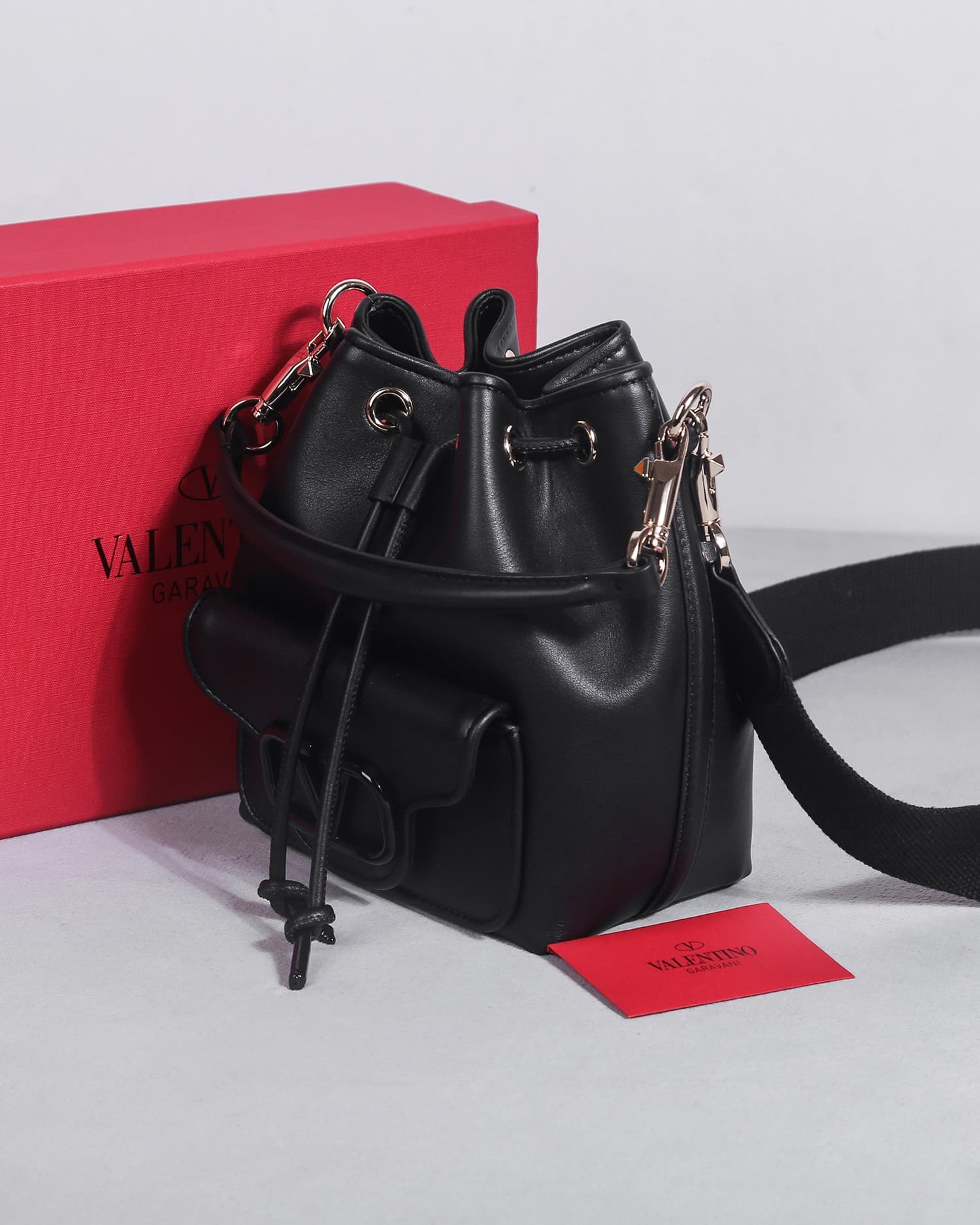 Valentino Garavani Locò calfskin leather bucket bag in black 22058 High