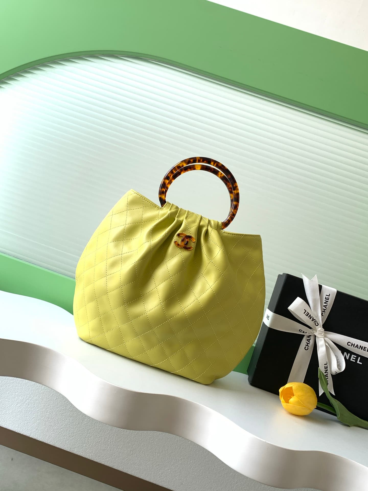 Chanel Medium Hobo Bag Lambskin-Shell Effect Plexi & Gold-Tone Metal Yellow AS6010 High