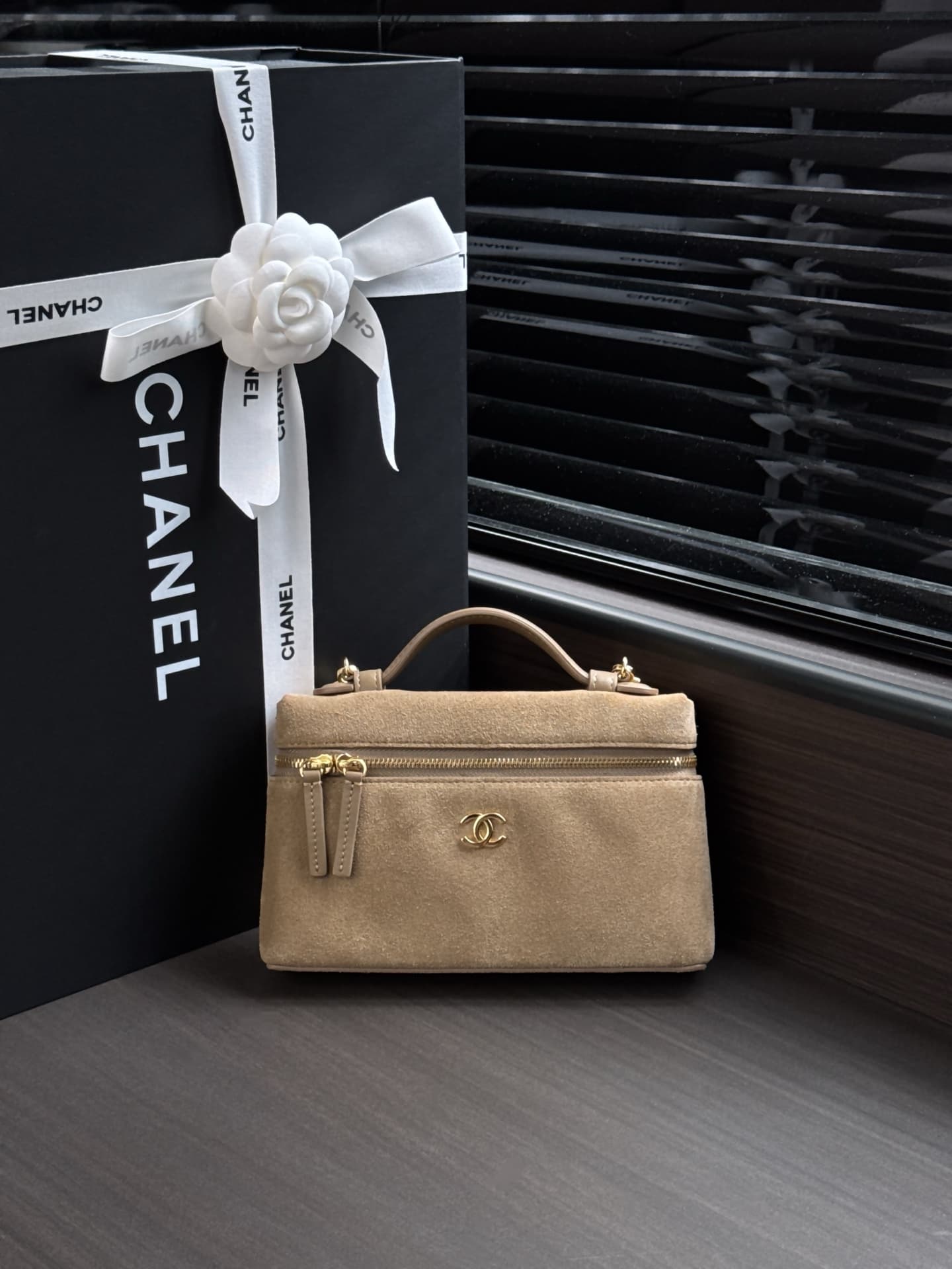Chanel Small Vanity with Chain Suede Calfskin & Gold Metal Beige AP5346 A