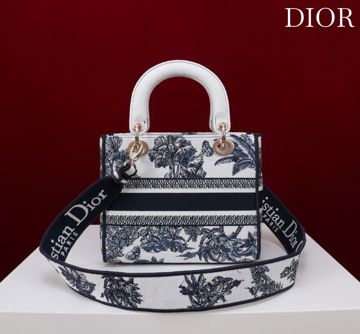 Medium Lady D-Lite Bag White and Navy Toile de Jouy Palms Embroidery High