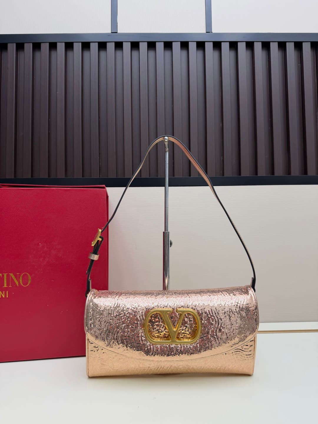 Valentino Garavani Devain Small Nappa Sequins Shoulder Bag Rose Gold High