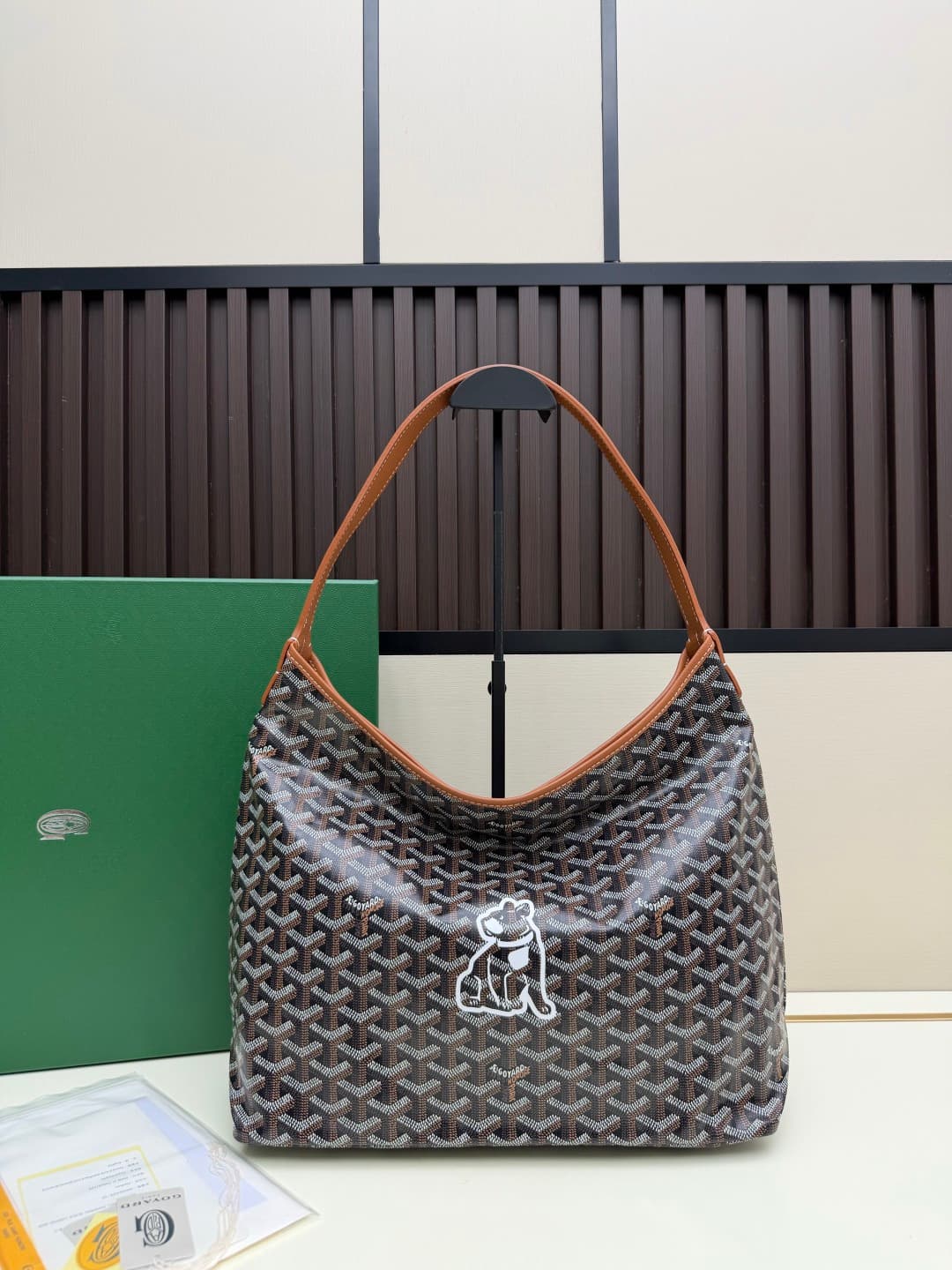 Goyard Bohème Brown Hobo Bag Chevron Canvas and White Painted Mascot High