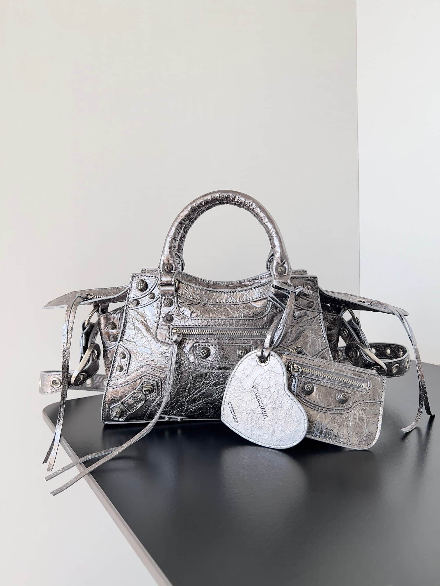 Balenciaga Small Neo Cagole City bag in Sliver lambskin leather High