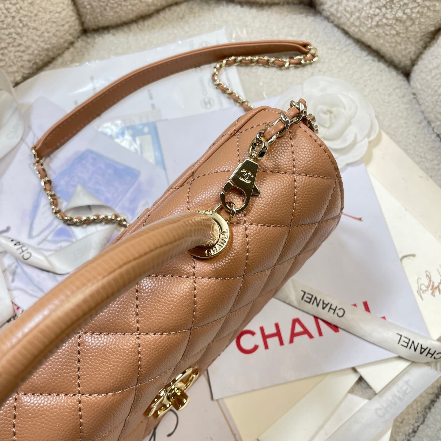 Chanel Maxi Flap Bag with Top Handle Grained Calfskin& Gold-Tone Metal AS6091 Caramel A