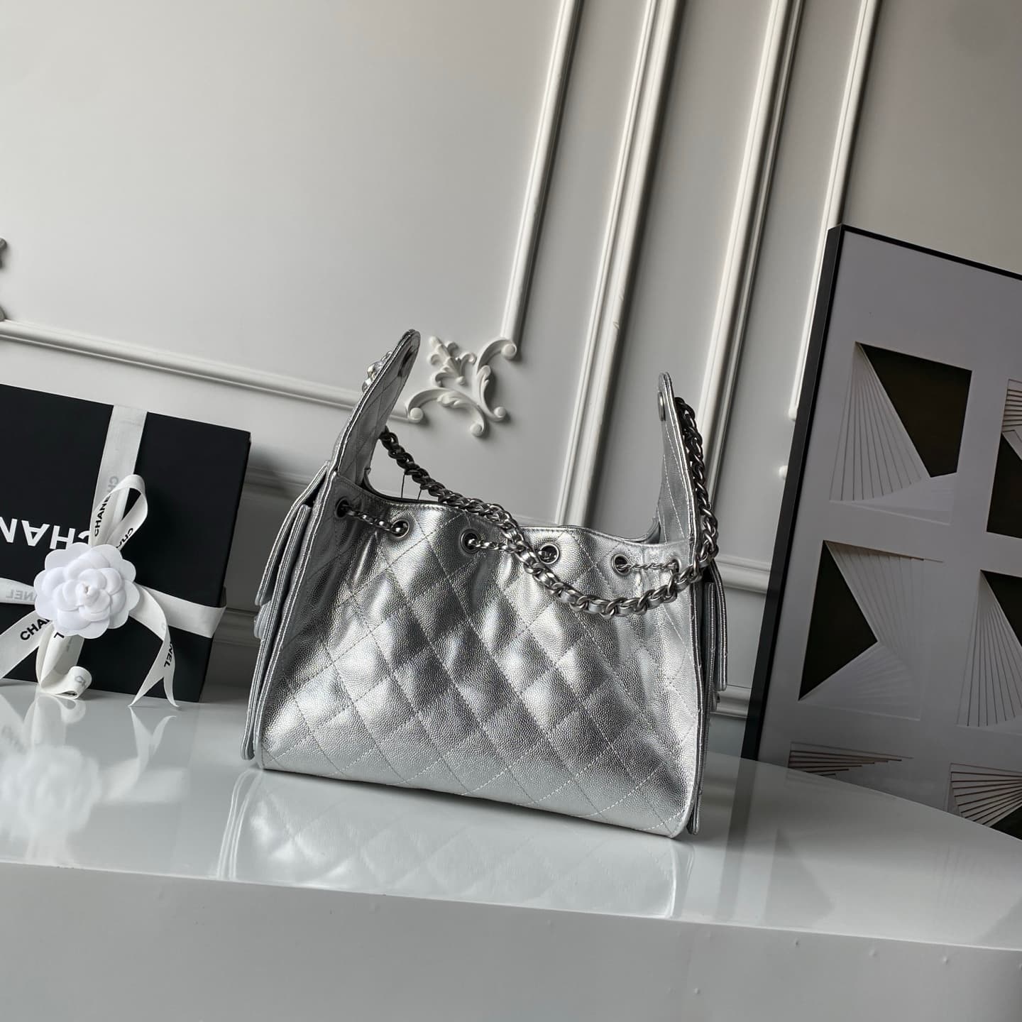 Chanel 25 Small Hobo handbag AS5293 Grained Calfskin &Silver-Tone Metal Silver A