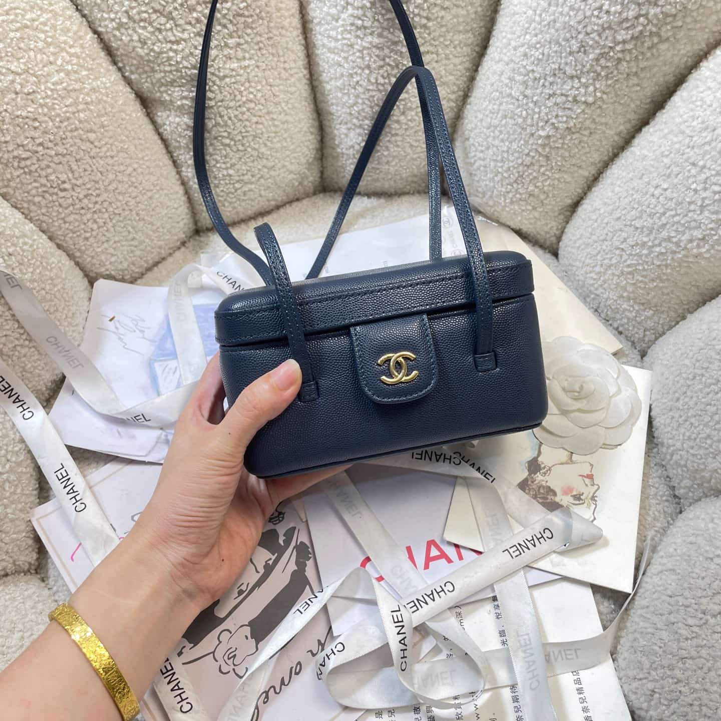 Chanel Long Vanity with Leather Strap Grained Shiny Calfskin & Gold-Tone Metal Navy Blue AP5067 A