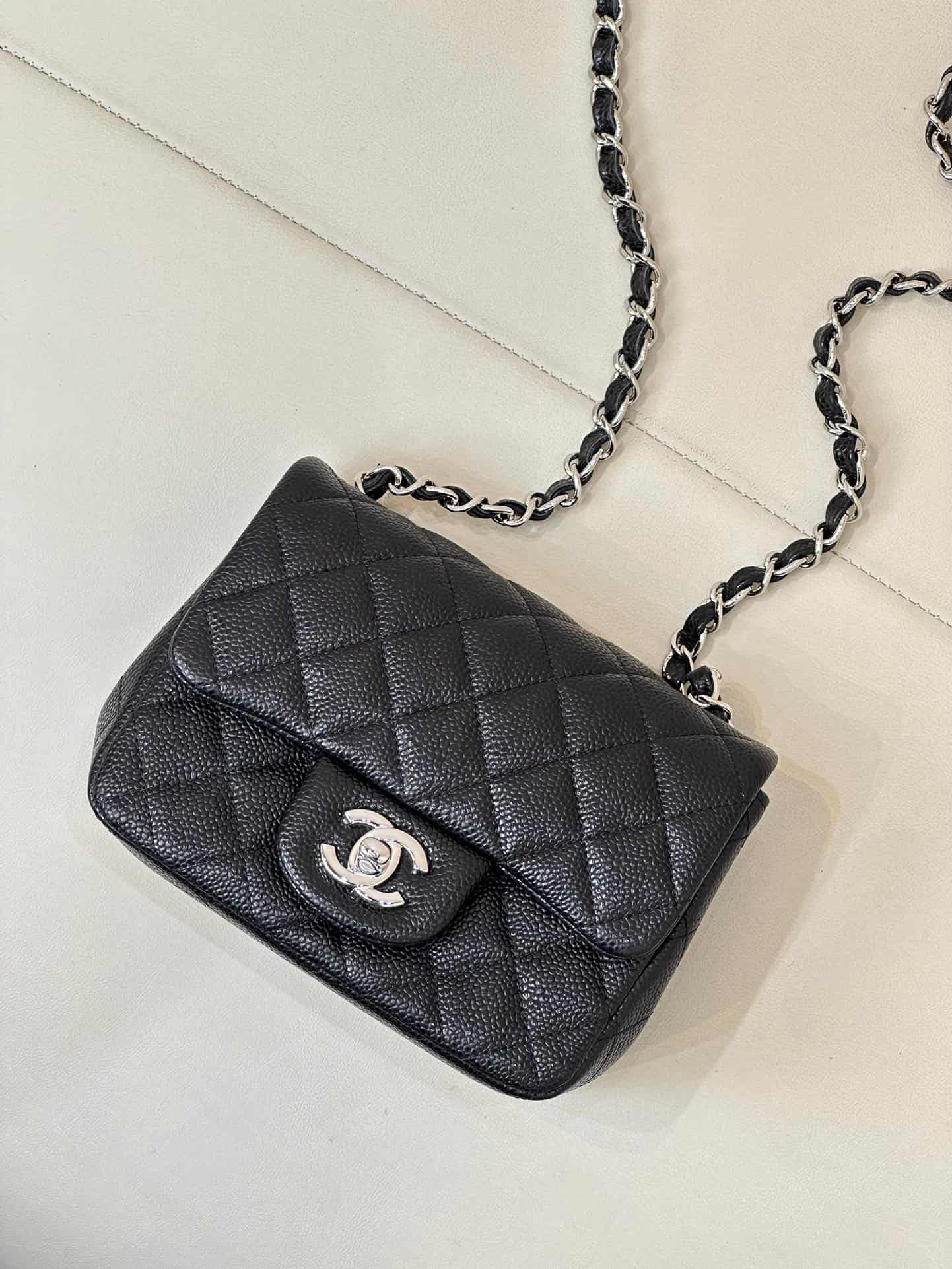 CHANEL Super Mini Classic Handbag Grained Calfskin & Silver-tone Metal A35200 Black TOP