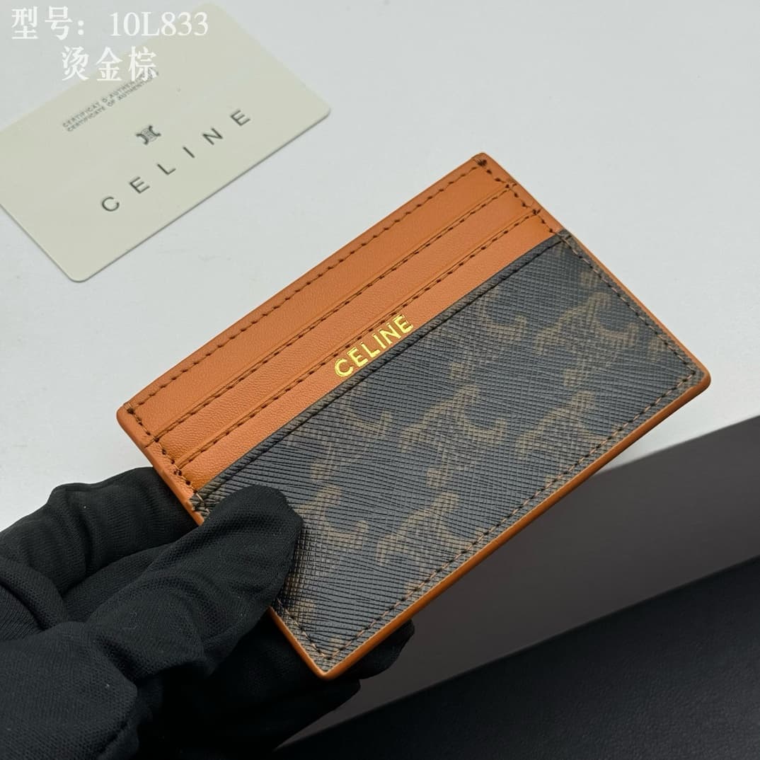 Celine Triomphe Canvas and Calfskin card holder in Caramel High