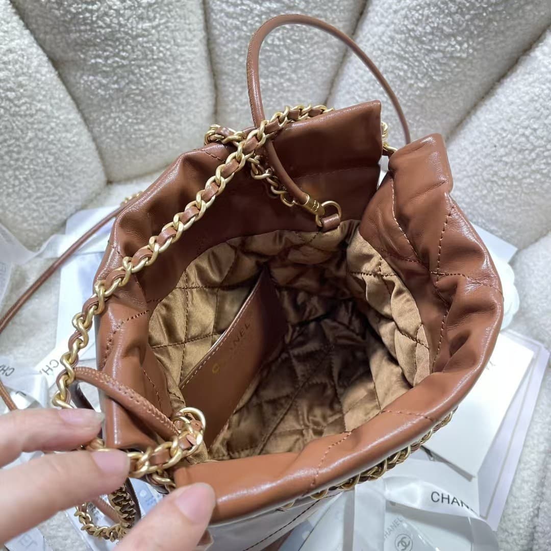 Chanel 22 MINI HANDBAG Shiny Calfskin Tan & Gold-Tone Metal AS3980 A