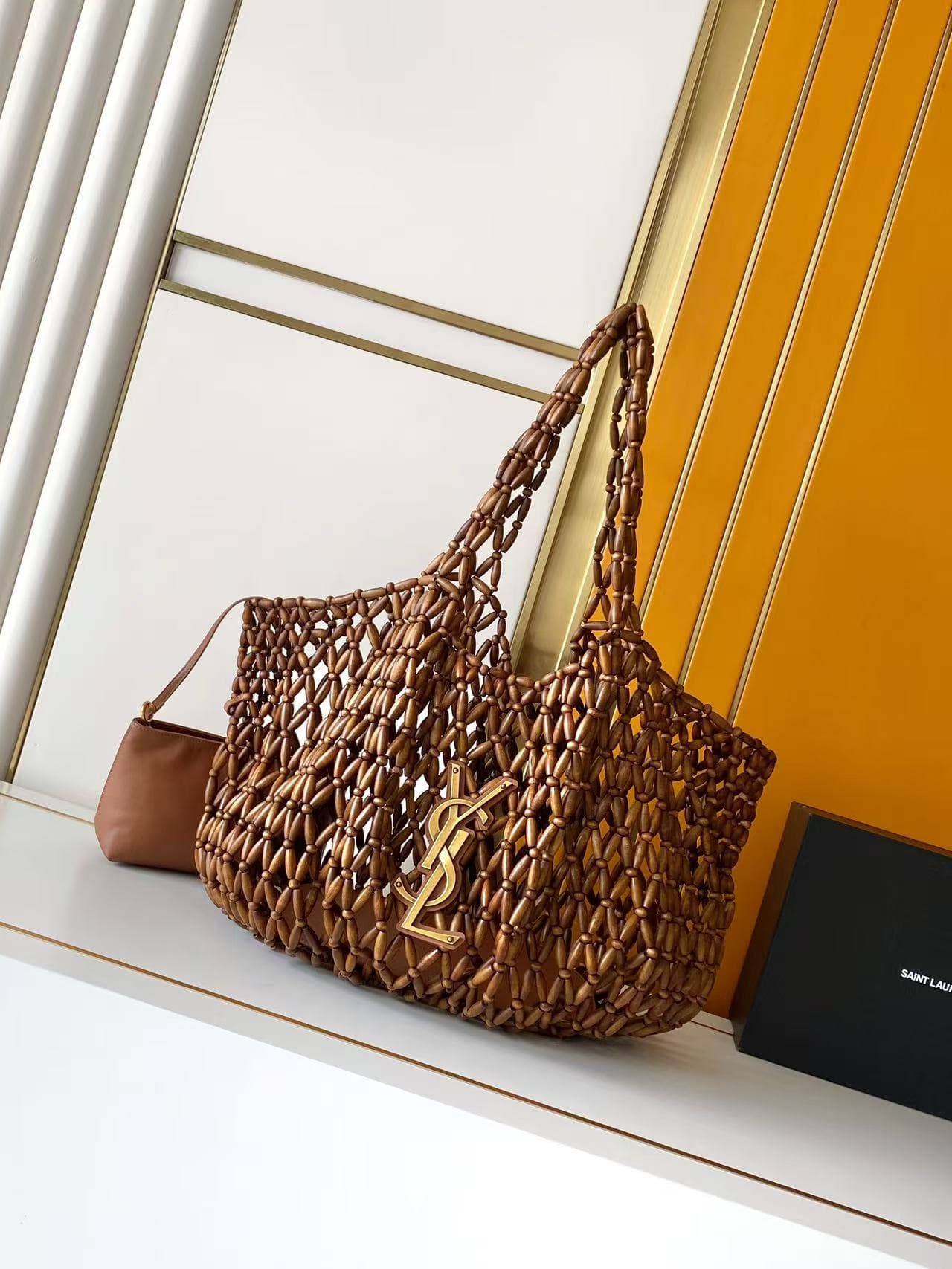 Saint Laurent ICARE medium in wood beads LIGHT WOOD AND BRICK 862071 High