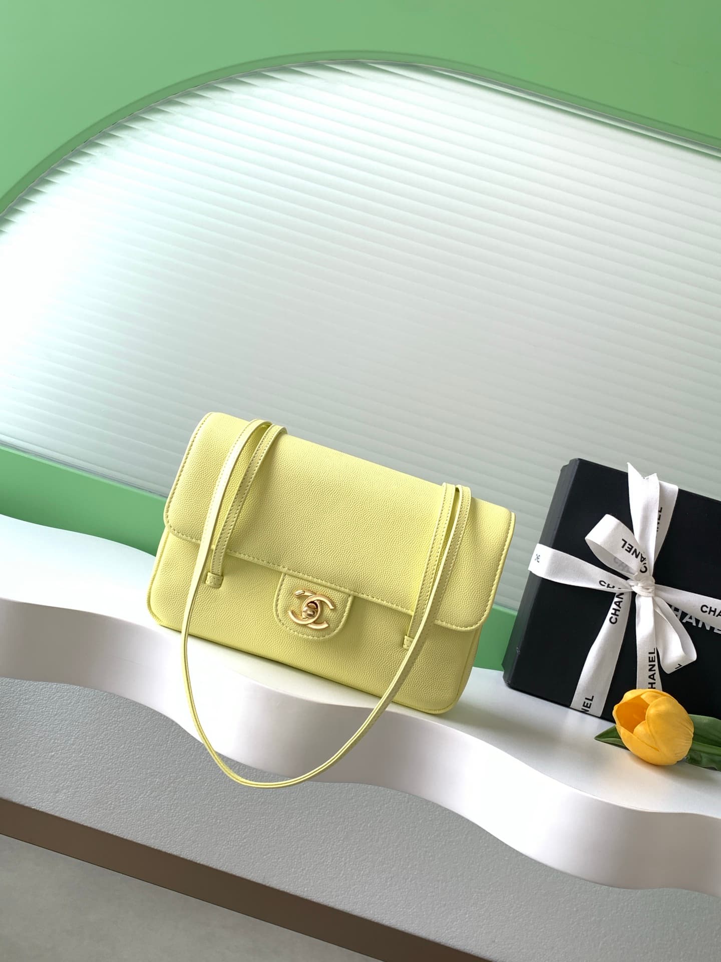 Chanel Small Flap Bag Grained Shiny Calfskin & Gold-Tone Metal AS6130 Yellow High