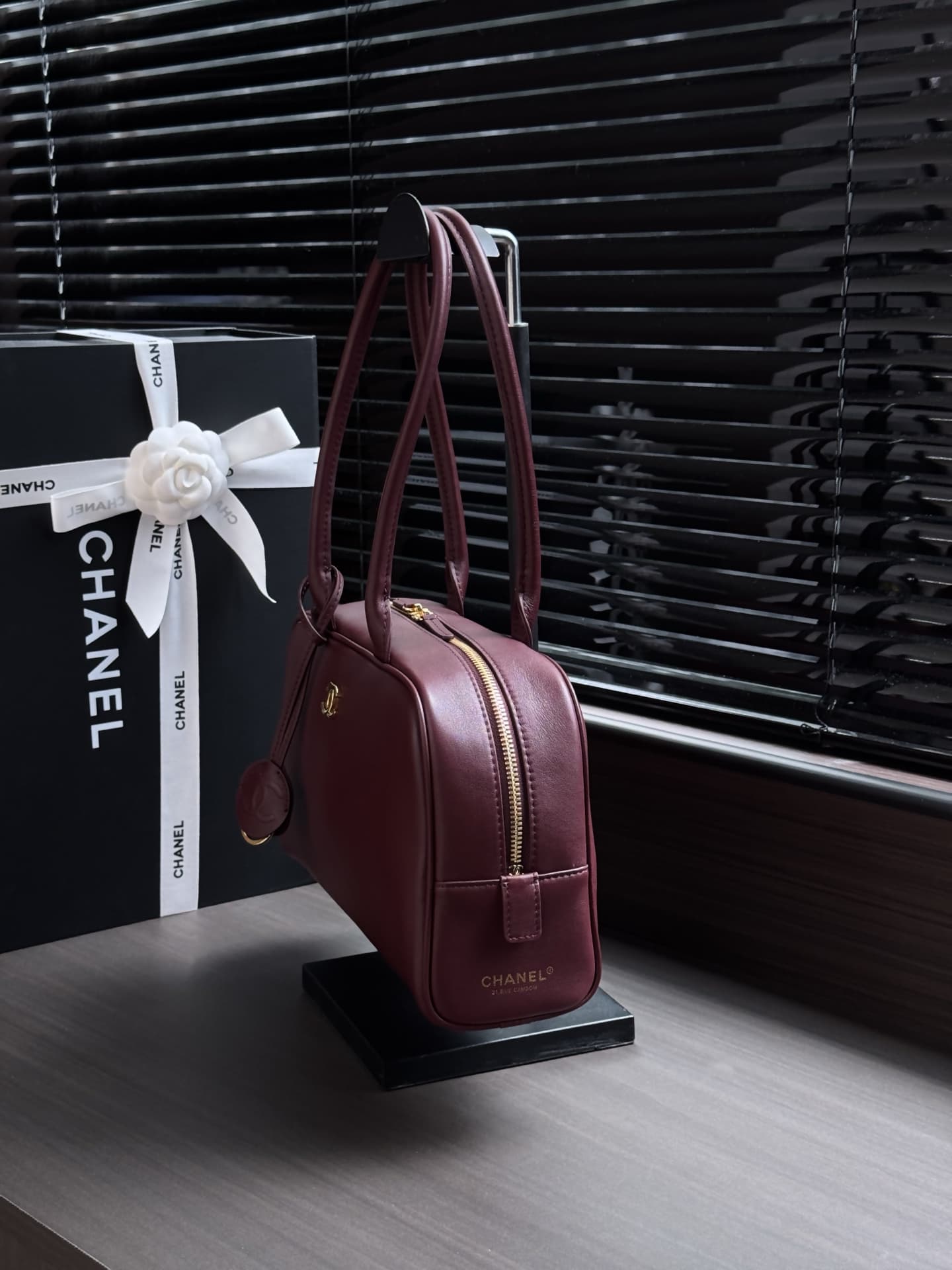 Chanel Large Bowling Bag Calfskin & Gold-Tone Metal Burgundy AS6580 High