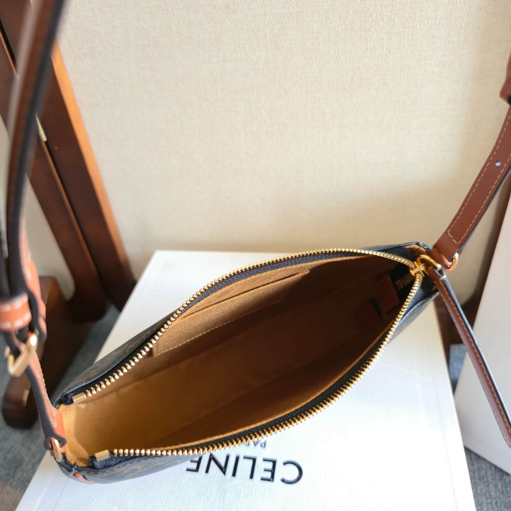 Celine Triomphe Canvas Shoulder Bag in Tan High