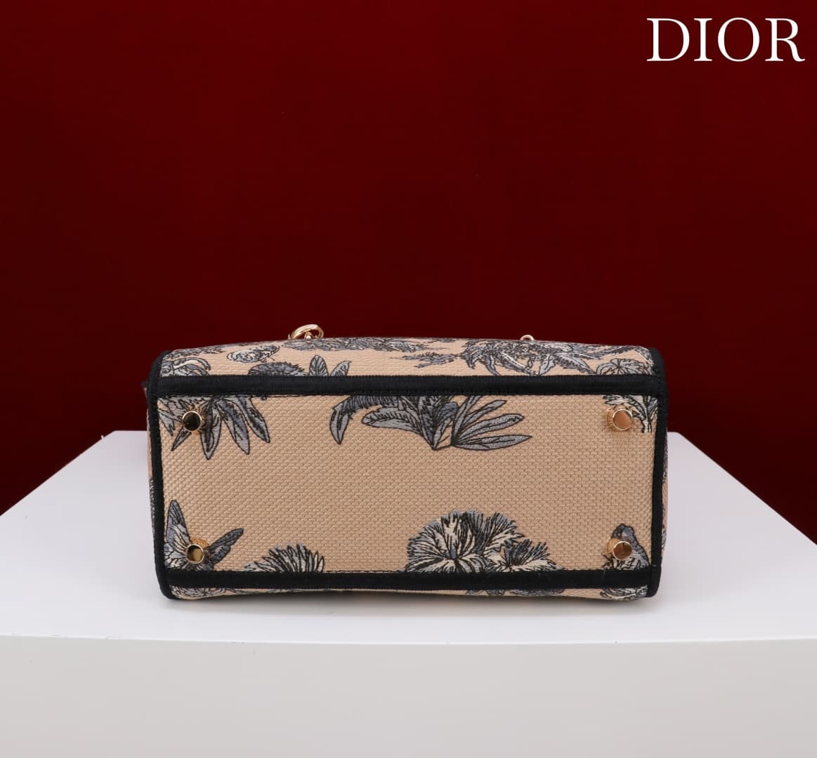 Medium Lady D-Lite Bag Beige and Black Toile de Jouy Palms Embroidery High