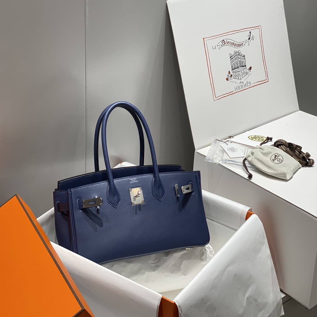 Hermes Shoulder Birkin 29 Swift leather Deep Bleu & Silver Metal WAX High