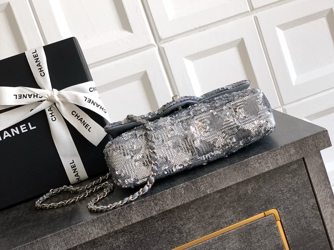 Chanel Classic Mini Flap Bag Sequins Embroidery & Silver-Tone Metal Silver 6171 A