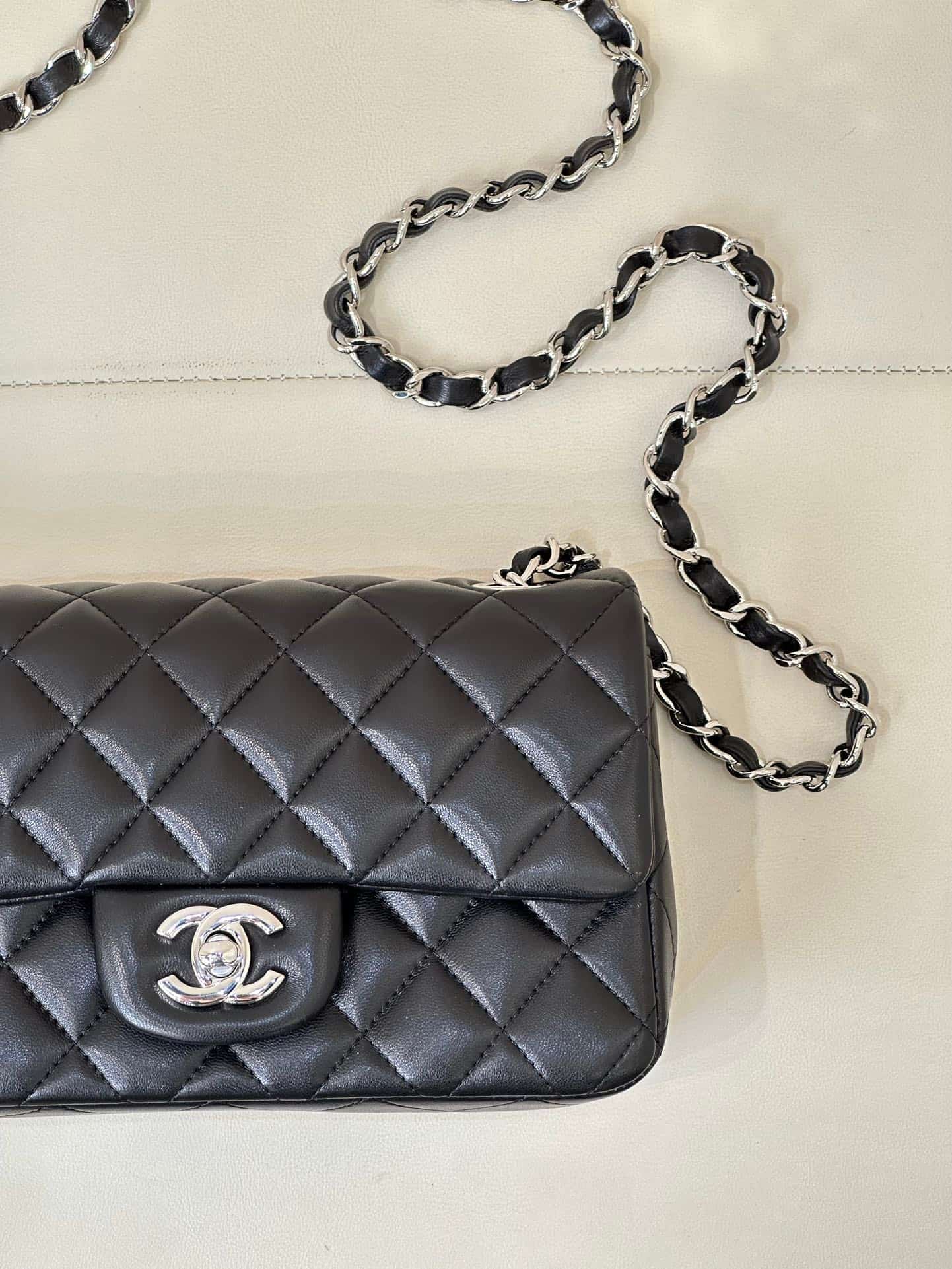 CHANEL Mini Classic Handbag Lambskin & Silver-Tone Metal A69900 Black TOP