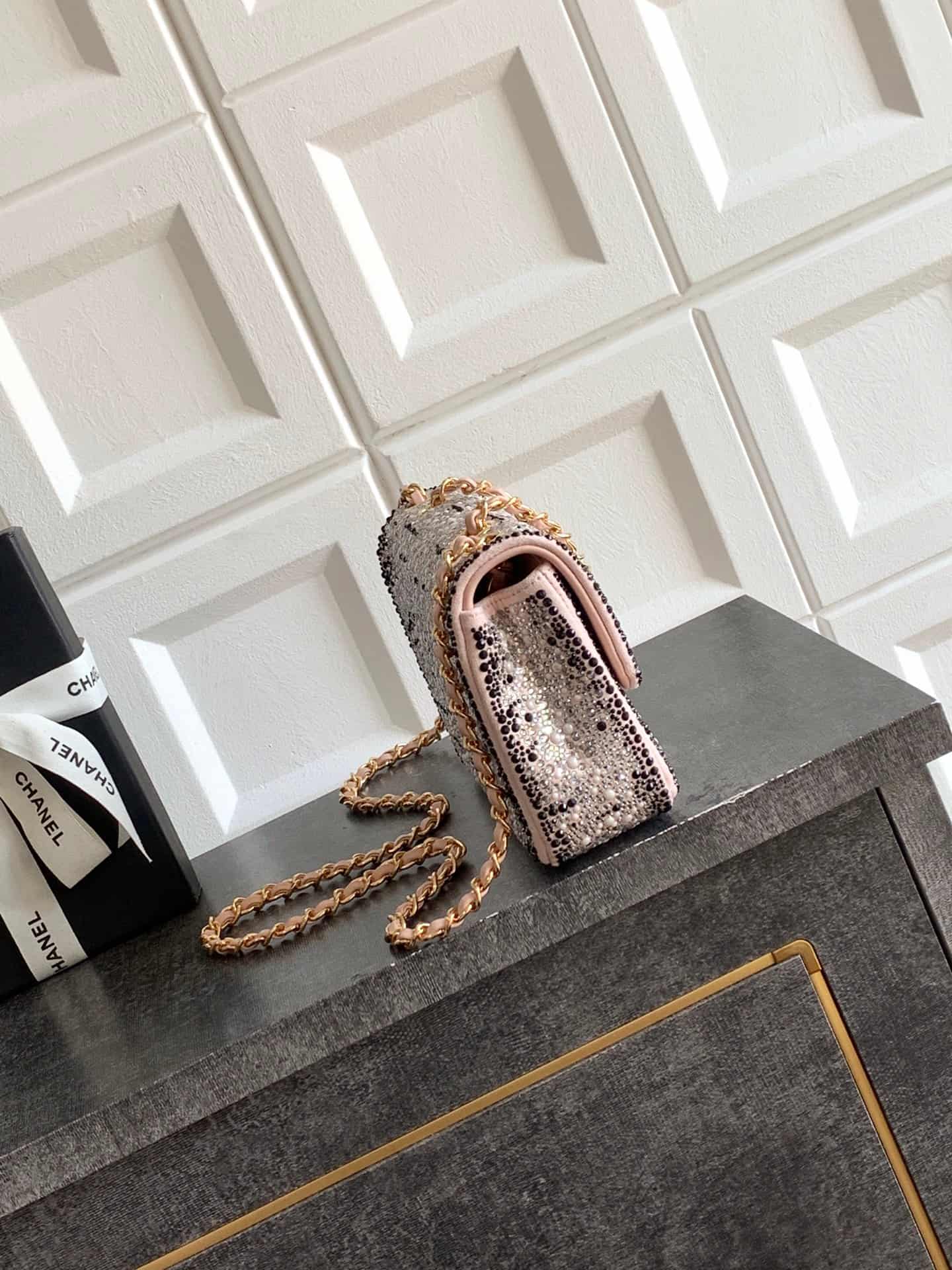 Chanel Classic Mini Flap Bag Strass Imitation Pearls & Gold-Tone Metal  Dark Pink 6171 A