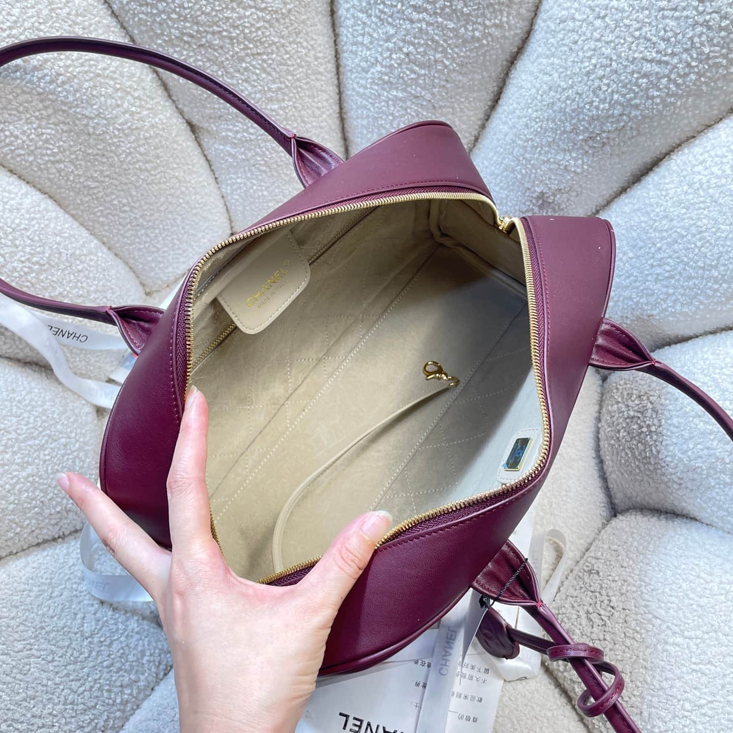 Chanel Maxi Bowling Bag Calfskin & Gold-Tone Metal Claret AS6211 A