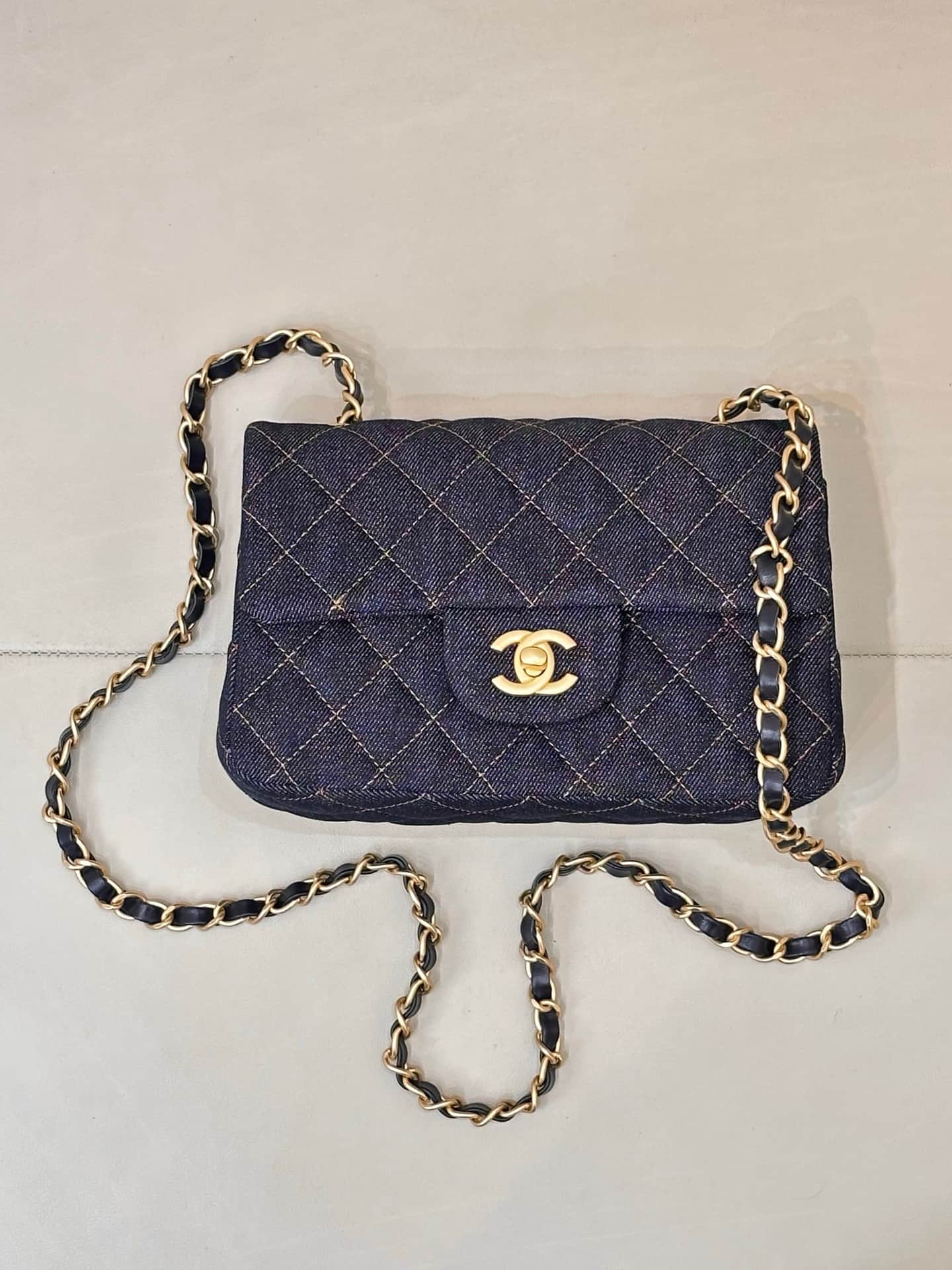CHANEL Mini Classic Handbag Denim &Gold-tone Metal A69900 Dark Blue TOP