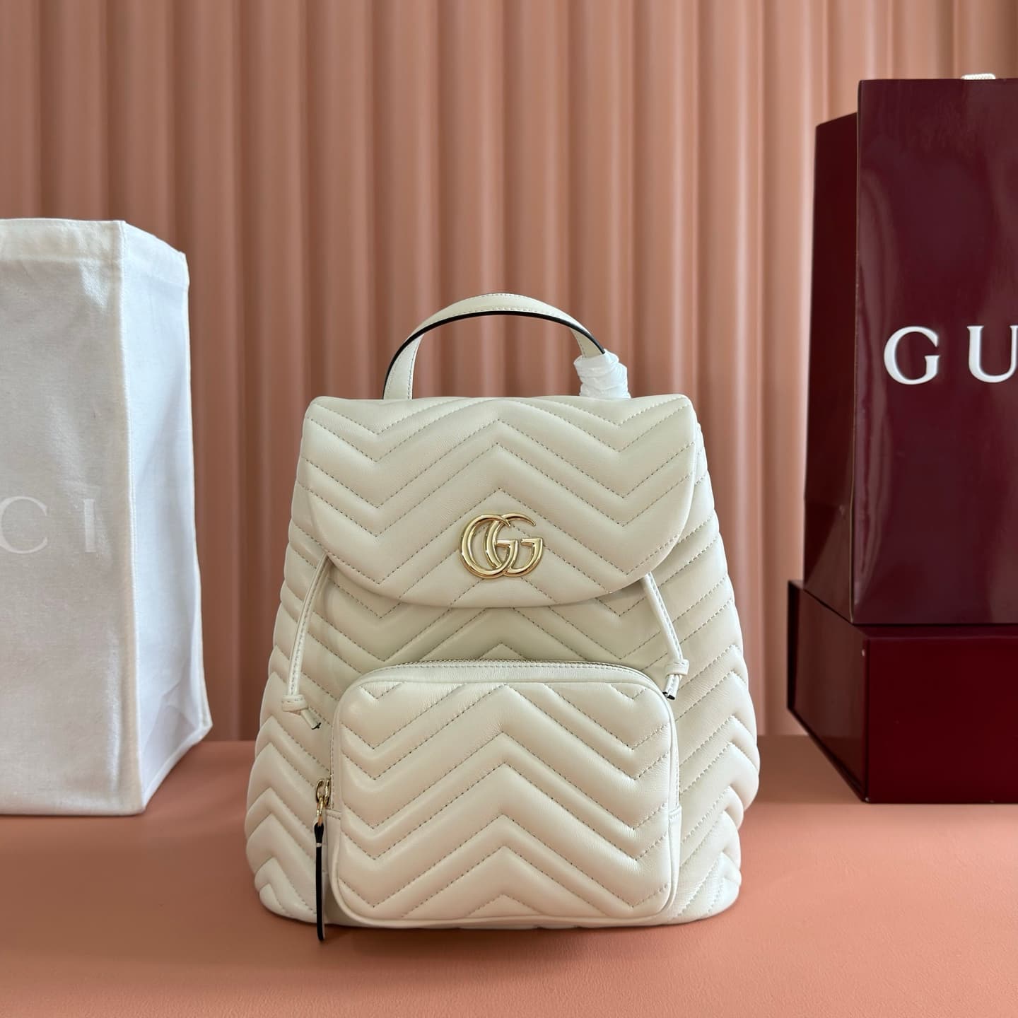 Gucci GG Marmont Small Backpack White Matelassé Chevron Nappa Leather 861878  High