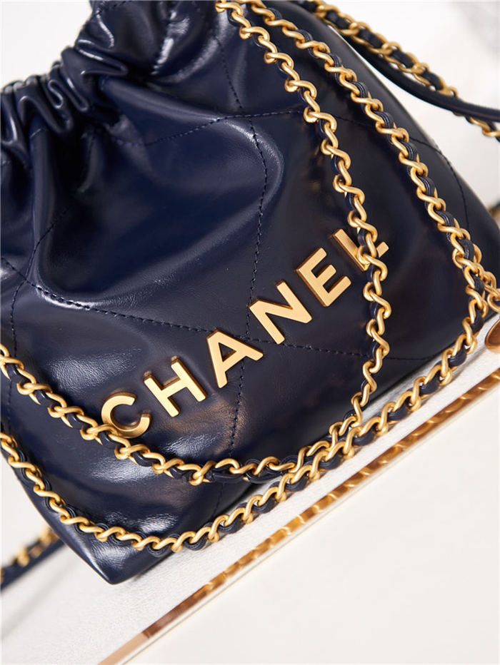 Chanel 22 MINI HANDBAG Shiny Calfskin Navy & Gold-Tone Metal AS3980 A