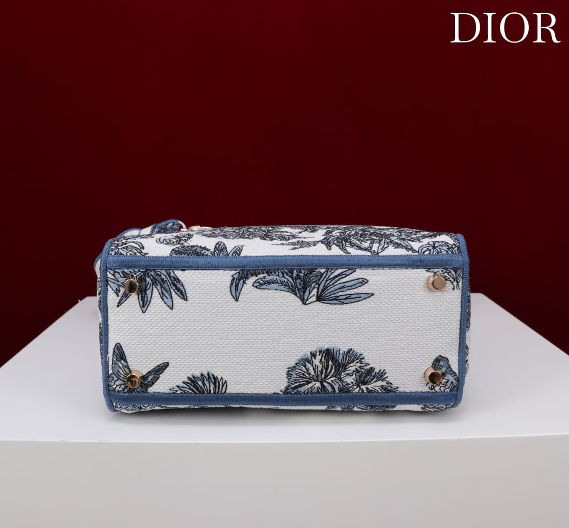 Medium Lady D-Lite Bag White and Blue Toile de Jouy Palms Embroidery High