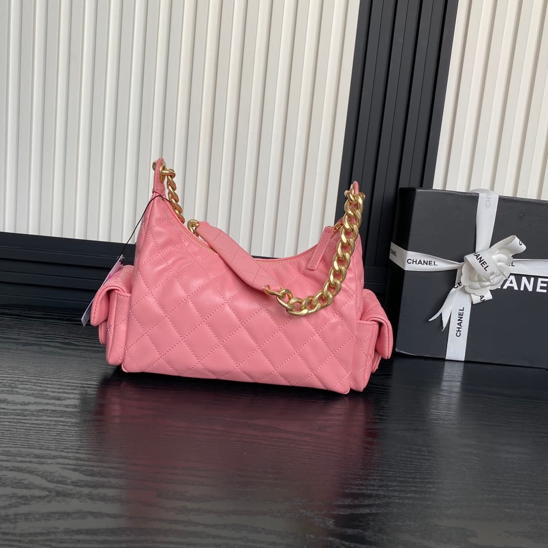 Chanel Trendy Pockets Hobo Bag Lambskin & Gold Metal Pink AS5339 A