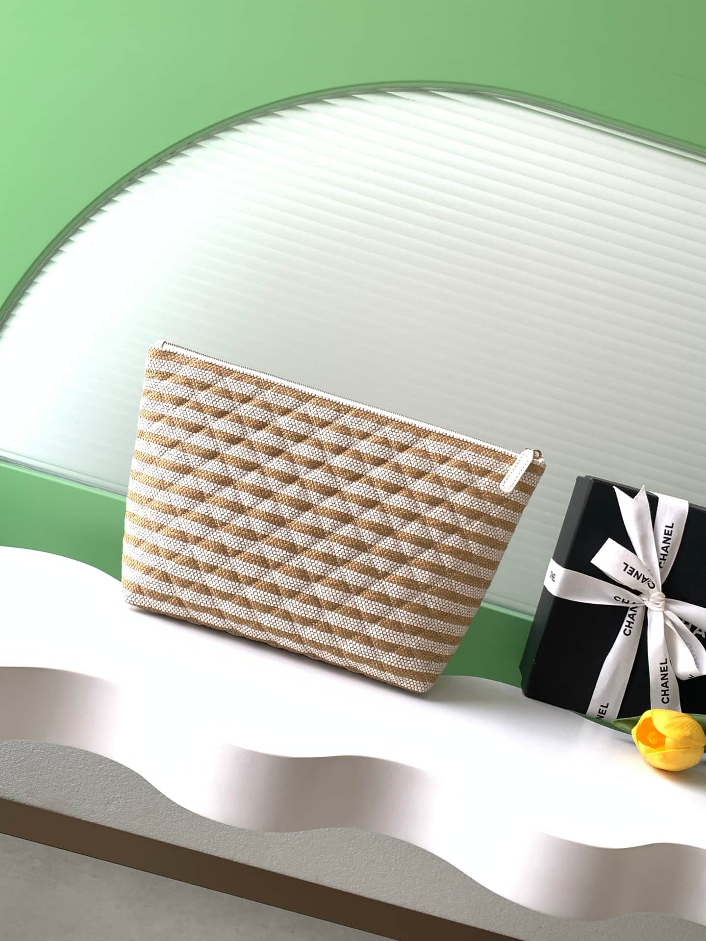 Chanel Zipped Case Printed Fabric & Gold-Tone Metal Beige & White AS4988 A