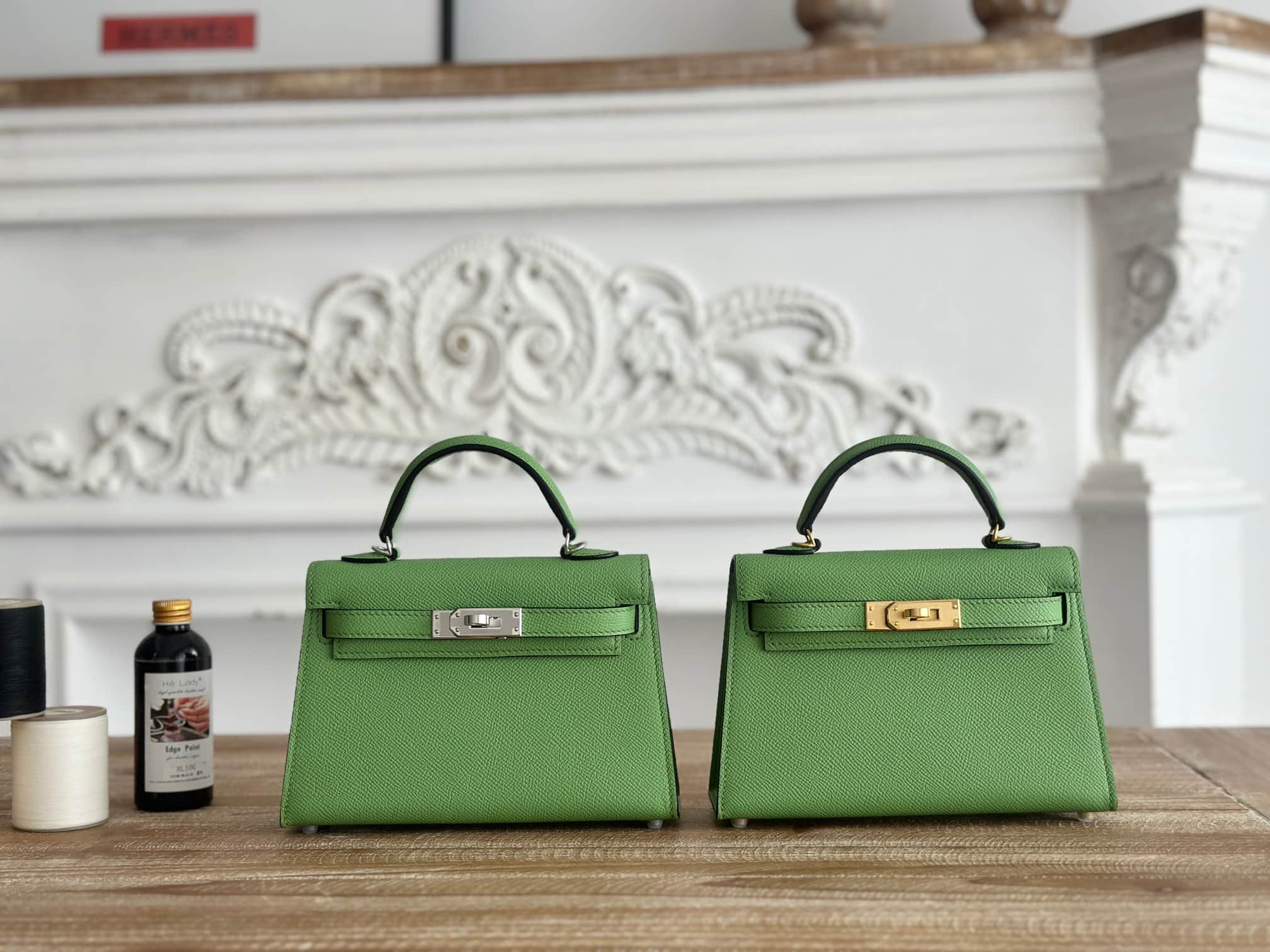 Hermes Kelly Mini II Bag Epsom Leather WAX Silver/Gold Metal Vert Criquet High