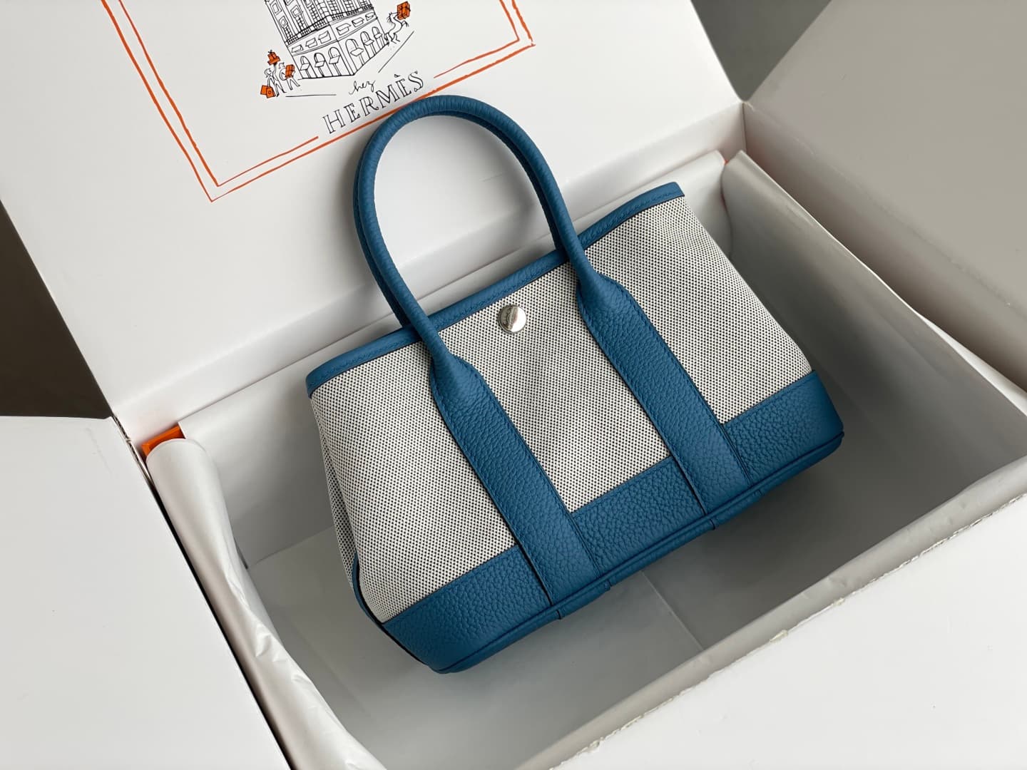 Hermes Garden Party 23 bag in Blue Zanzibar Togo Leather With Canvas WAX High