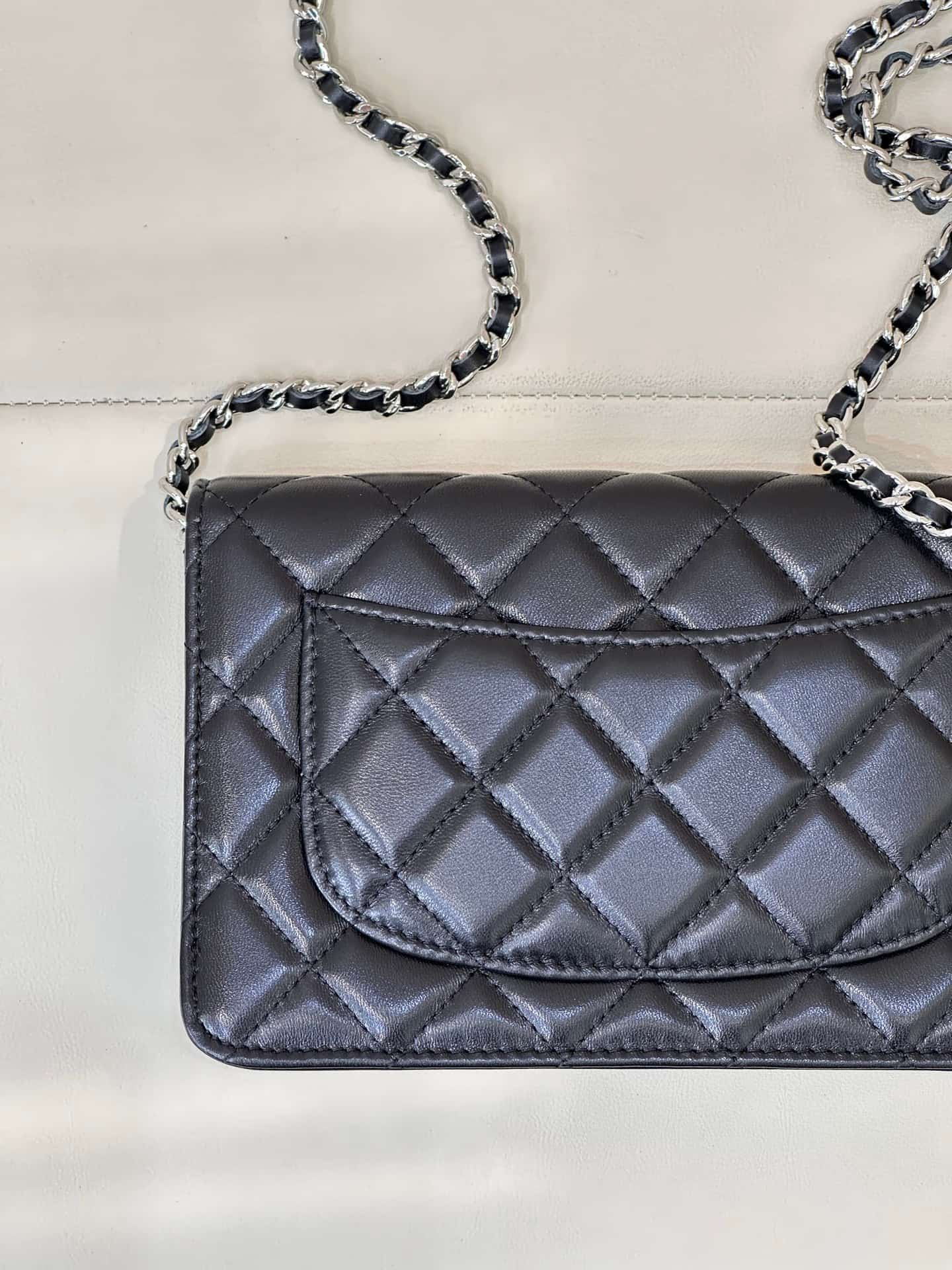 Chanel Classic Wallet on Chain Shiny Lambskin & Silver-Tone Metal AP4241 Black TOP