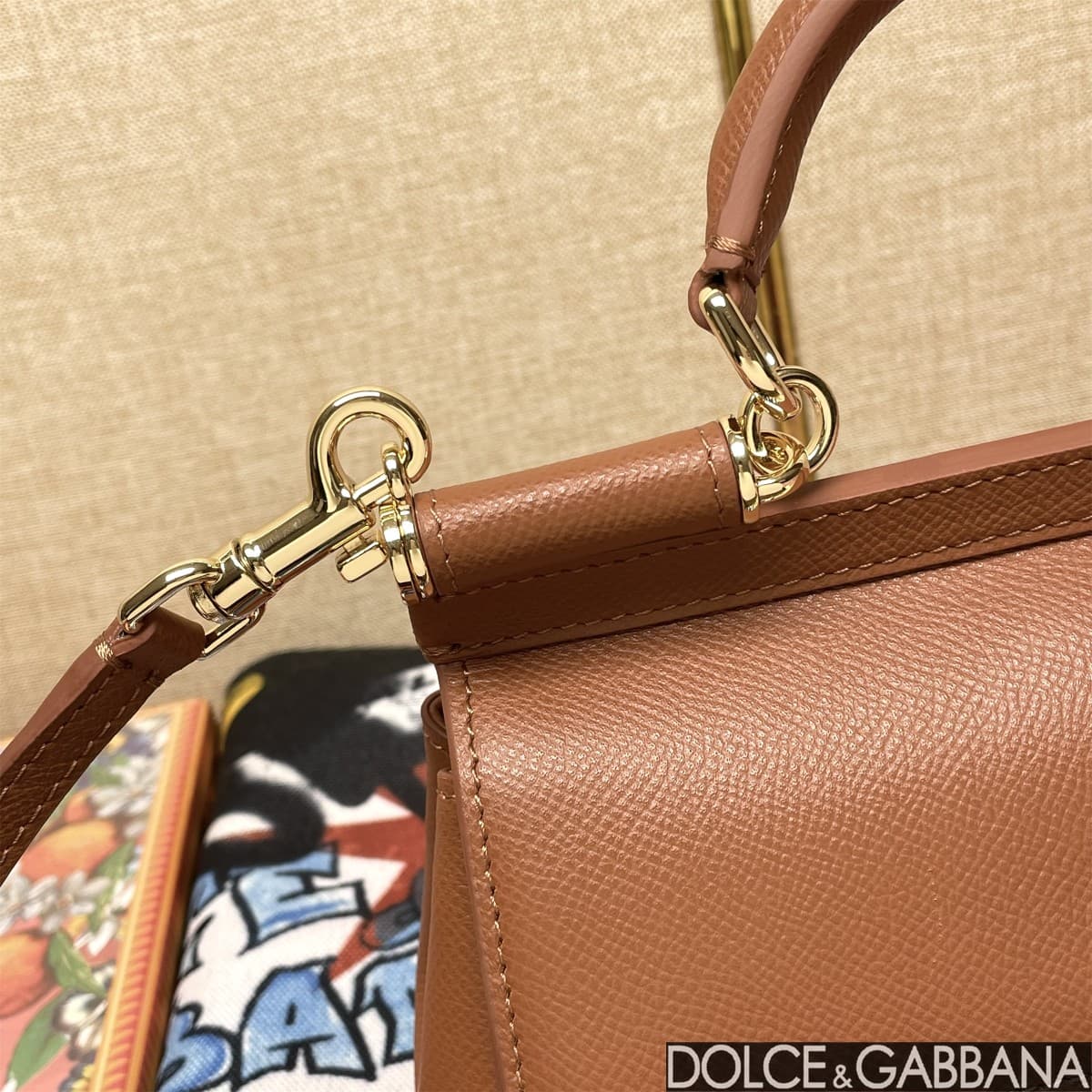 Dolce & Gabbana Miss Sicily top handle bag calfskin leather Caramel High
