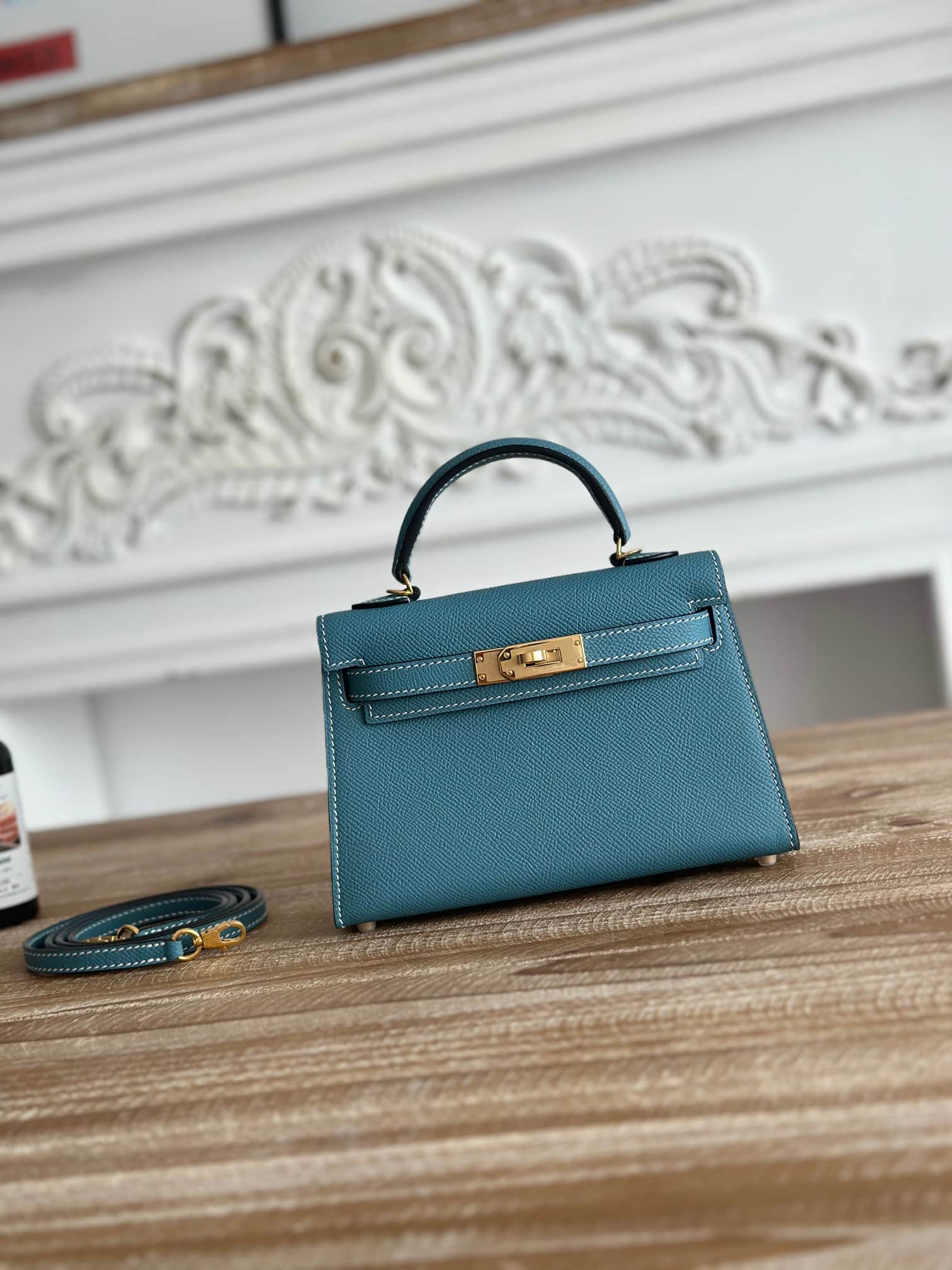 Hermes Kelly Mini II Bag Epsom Leather WAX Bleu Jean High