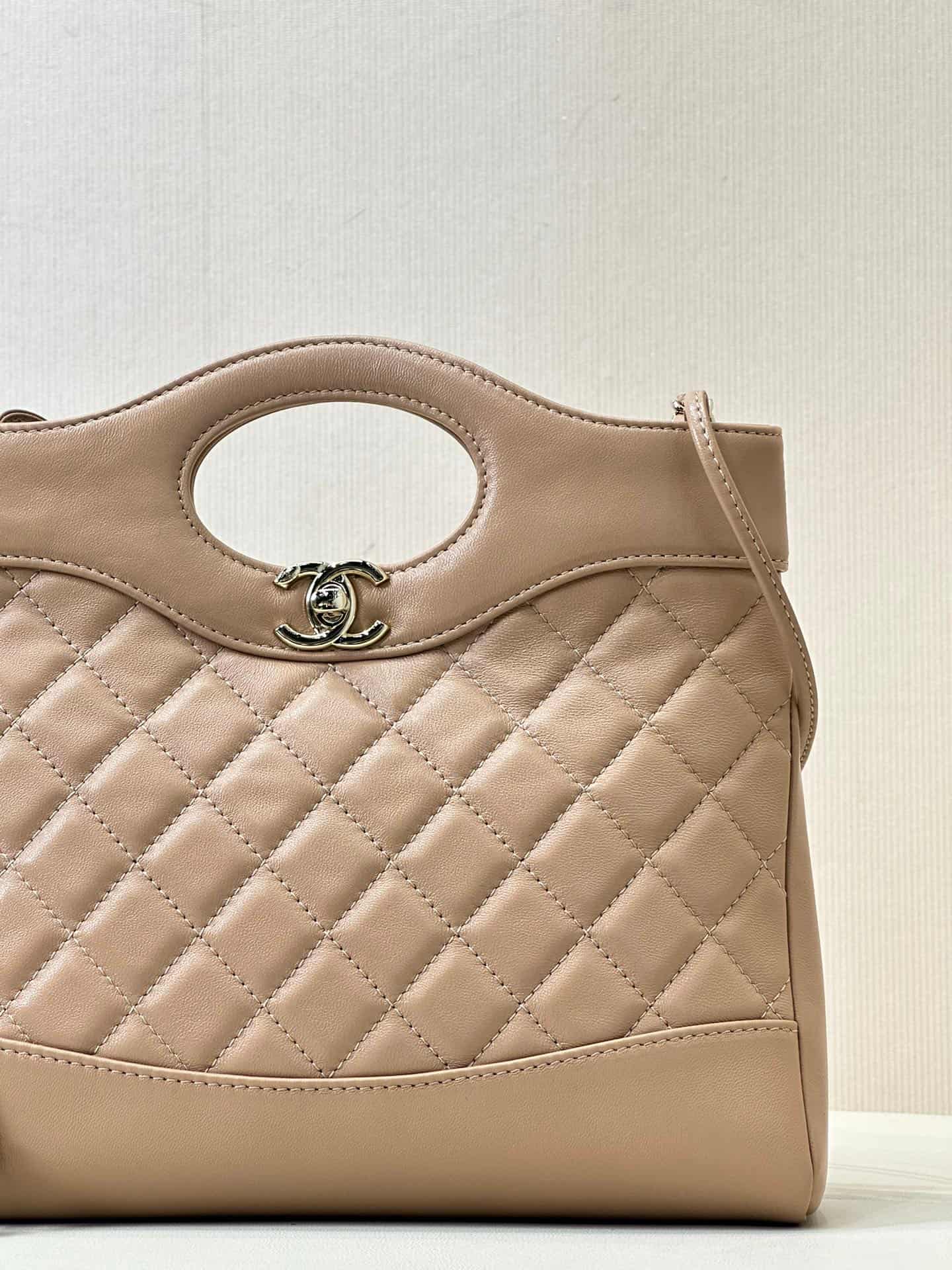CHANEL 31 Mini Shopping Bag Shiny Calfskin & Gold-Tone Metal AS4133 Beige TOP