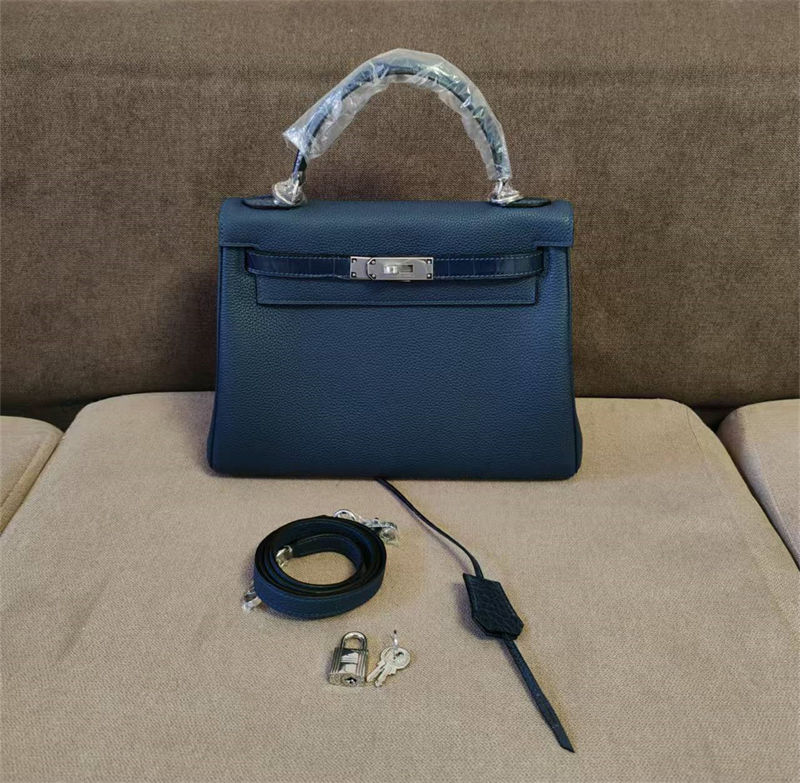 Hermes Kelly 25/28/32cm Retourne Bag Togo and Crocodile Leather In Bleu Obscur WAX High