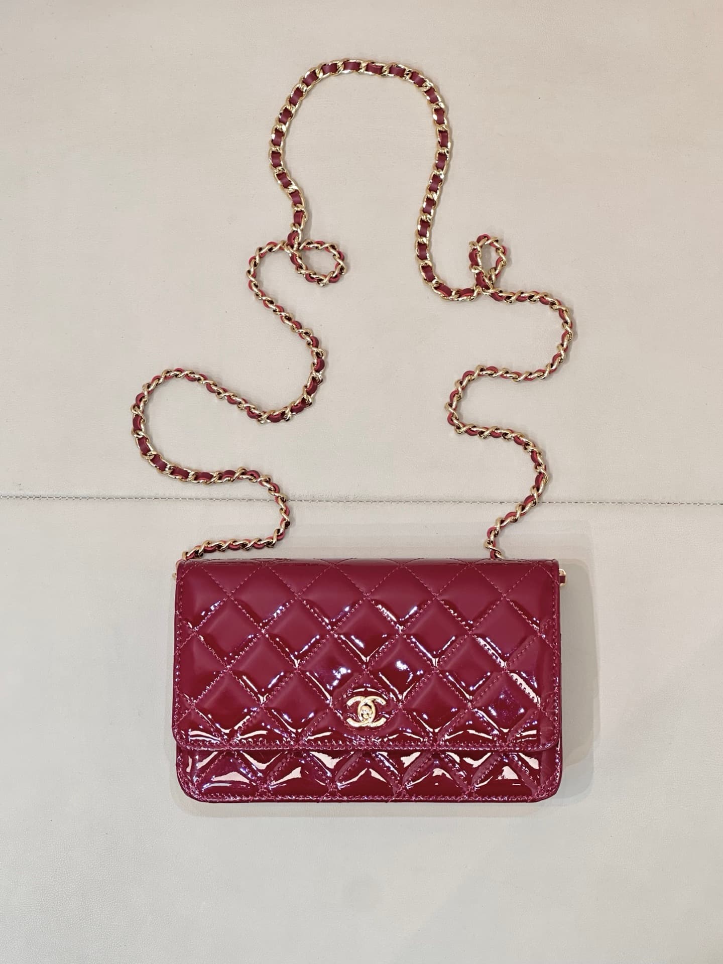 Chanel Classic Wallet on Chain Patent Quilted & Gold-Tone Metal AP4241 Burgundy TOP