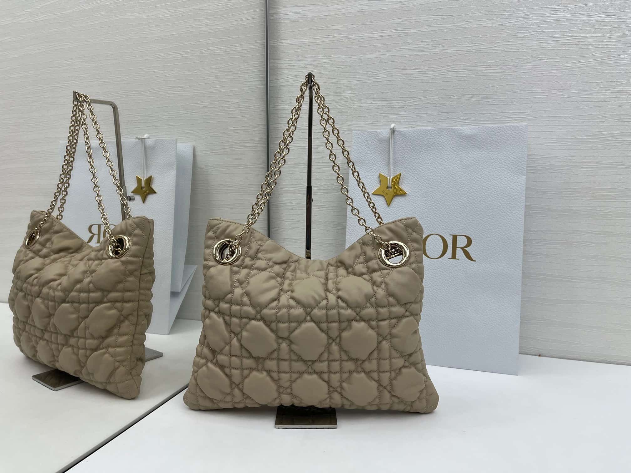 Small Dior Crunchy Bag Sand-Colored Puffy Macrocannage Calfskin High