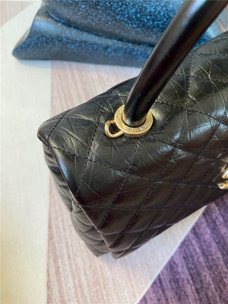 Medium FLAP BAG WITH TOP HANDLE Shiny Calfskin Black Gold Metal High