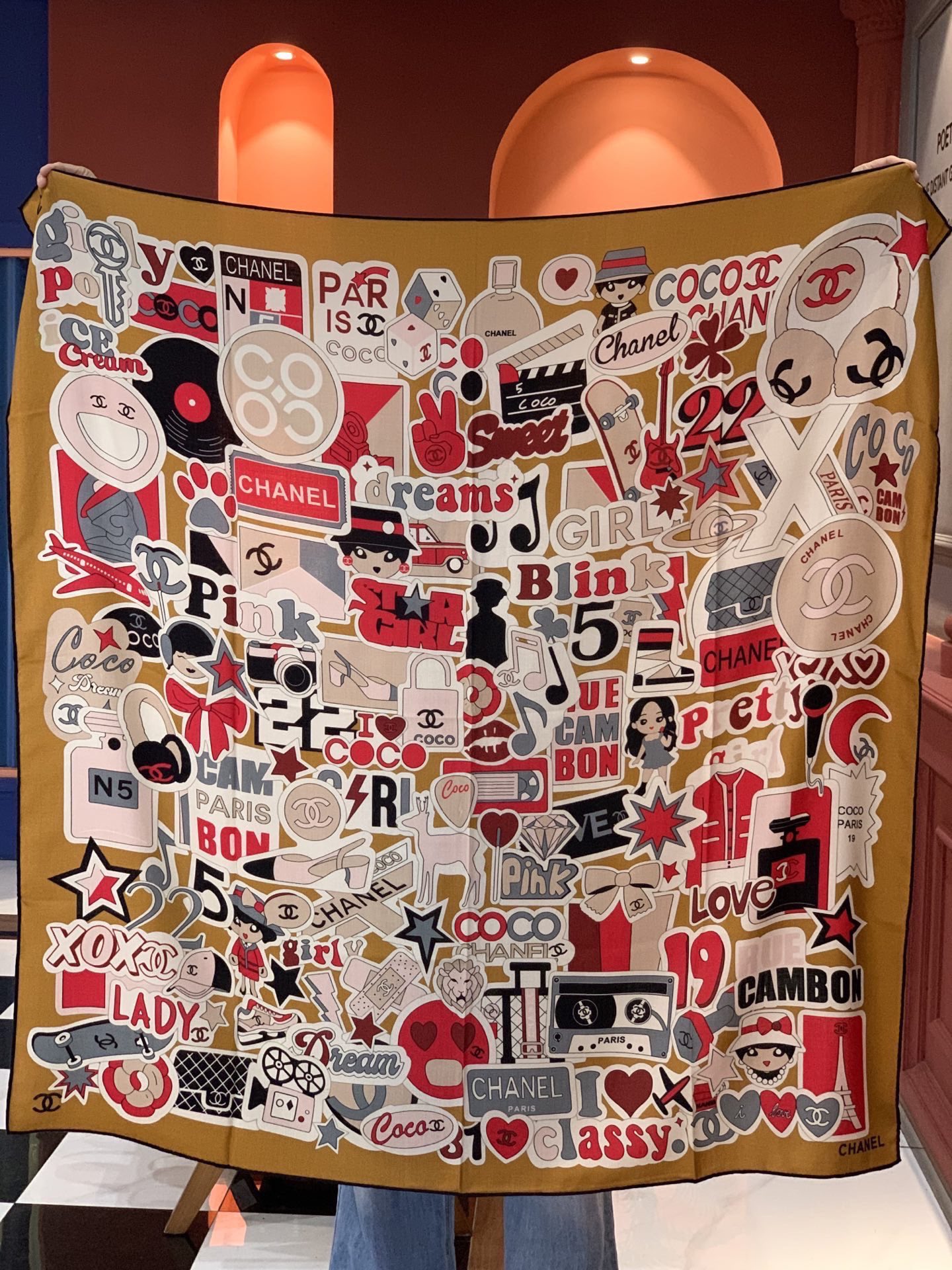 Chanel motif printed silk square scarf